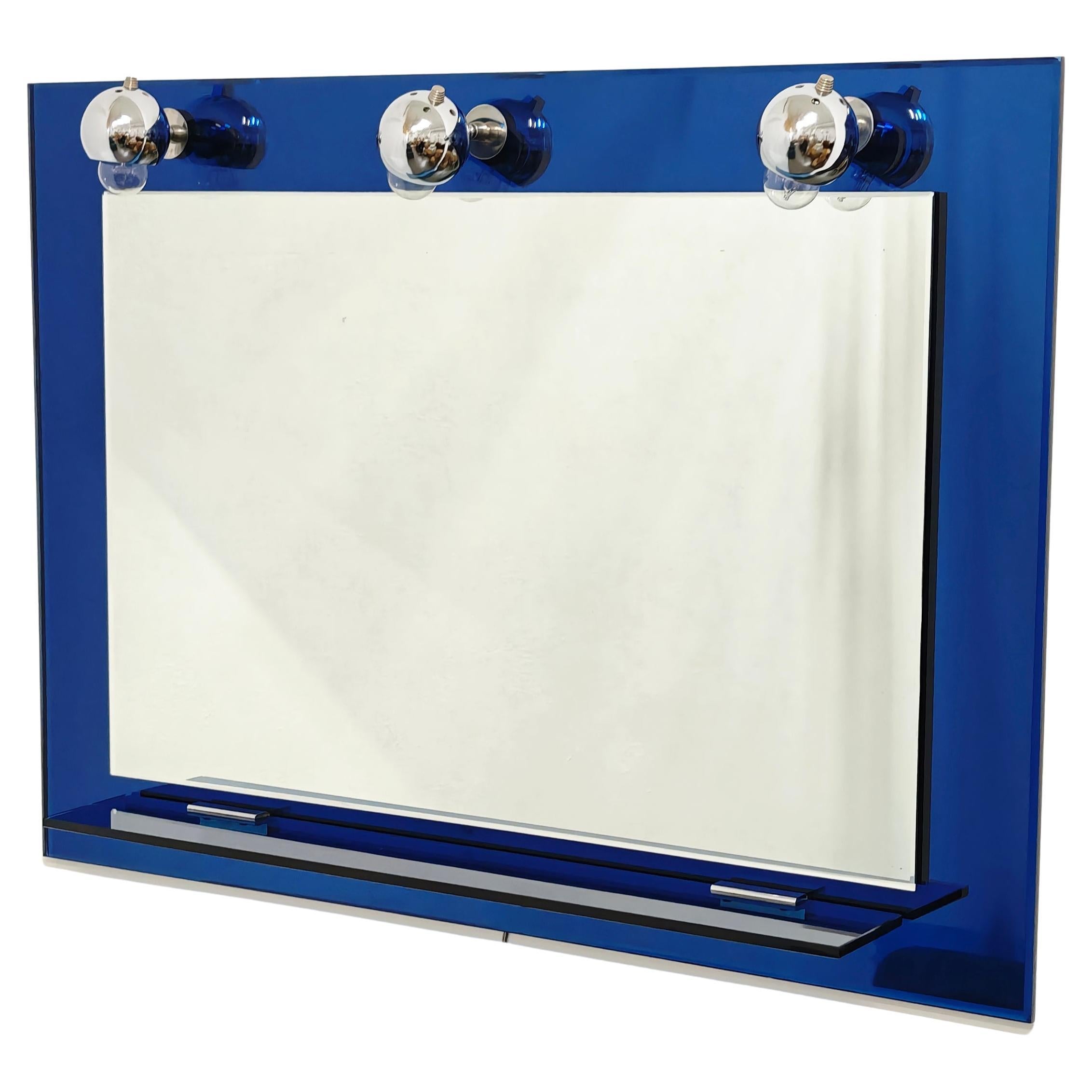 Blue Glass Bathroom Mirror Chromed Diffusers Italy 70s Mid-Century Modern For Sale