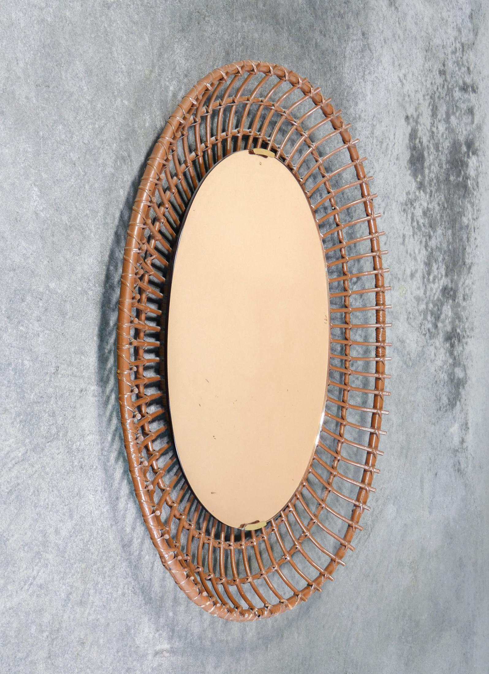 Italian Wall mirror, design SANTAMBROGIO & DE BERTI. Bamboo wood. Italy, 60s For Sale