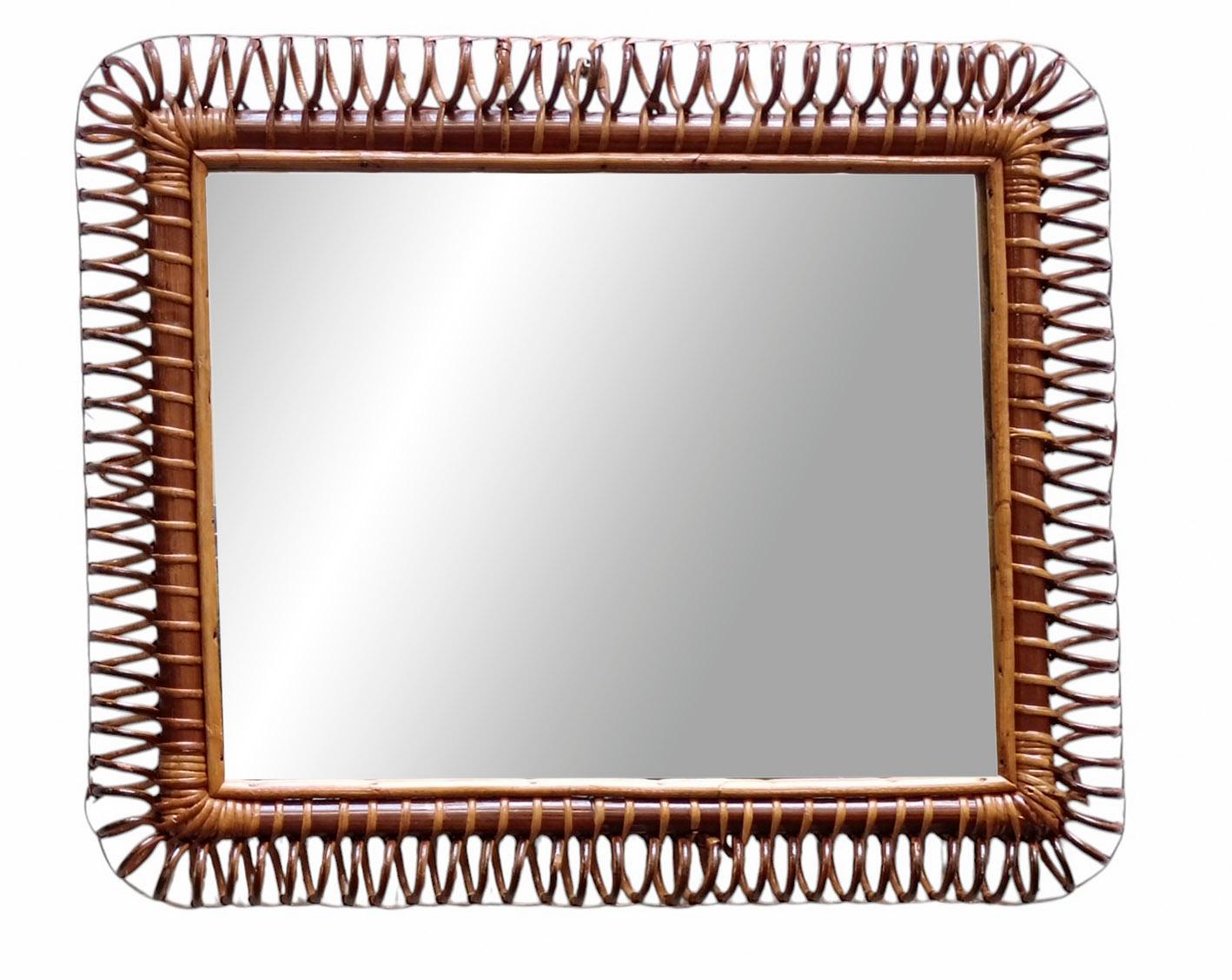 Mid-Century Modern Miroir mural rectangulaire en rotin et osier, Italie, années 1960 en vente