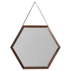 Espejo de pared vintage años 70 en madera y cuero diseño italiano