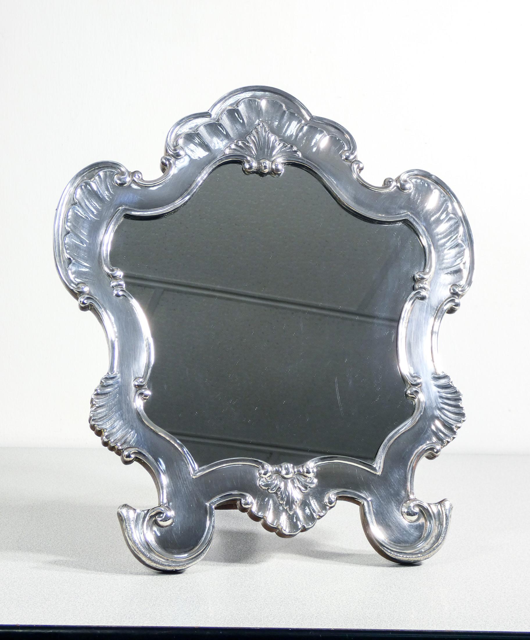 Miroir de table de style Louis XV, décor en feuille d'argent 925. 10 ans Bon état - En vente à Torino, IT