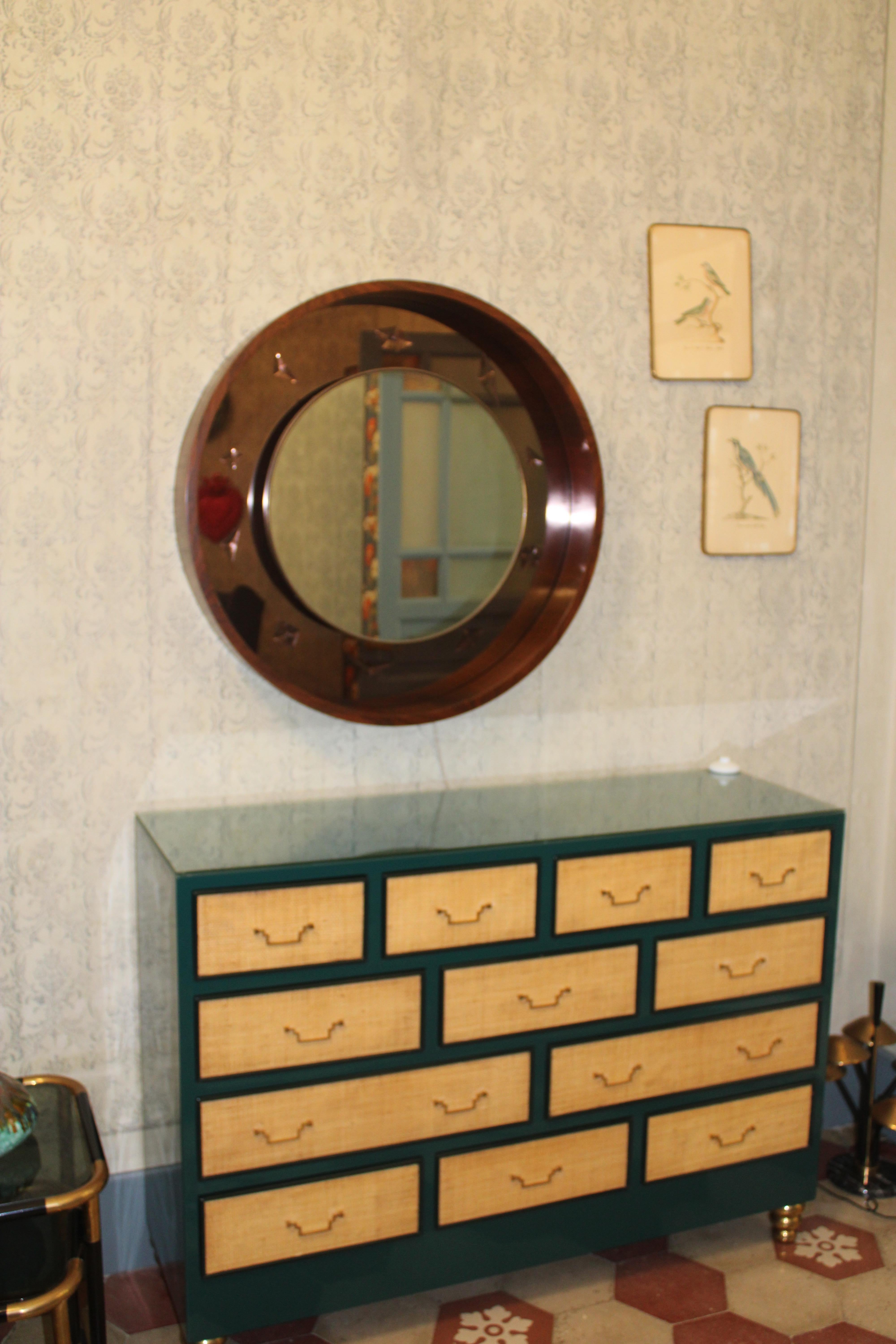 Espejo de madera Fontana Arte Guglielmo Ulrich con decoración geométrica Mid-20th Century en venta