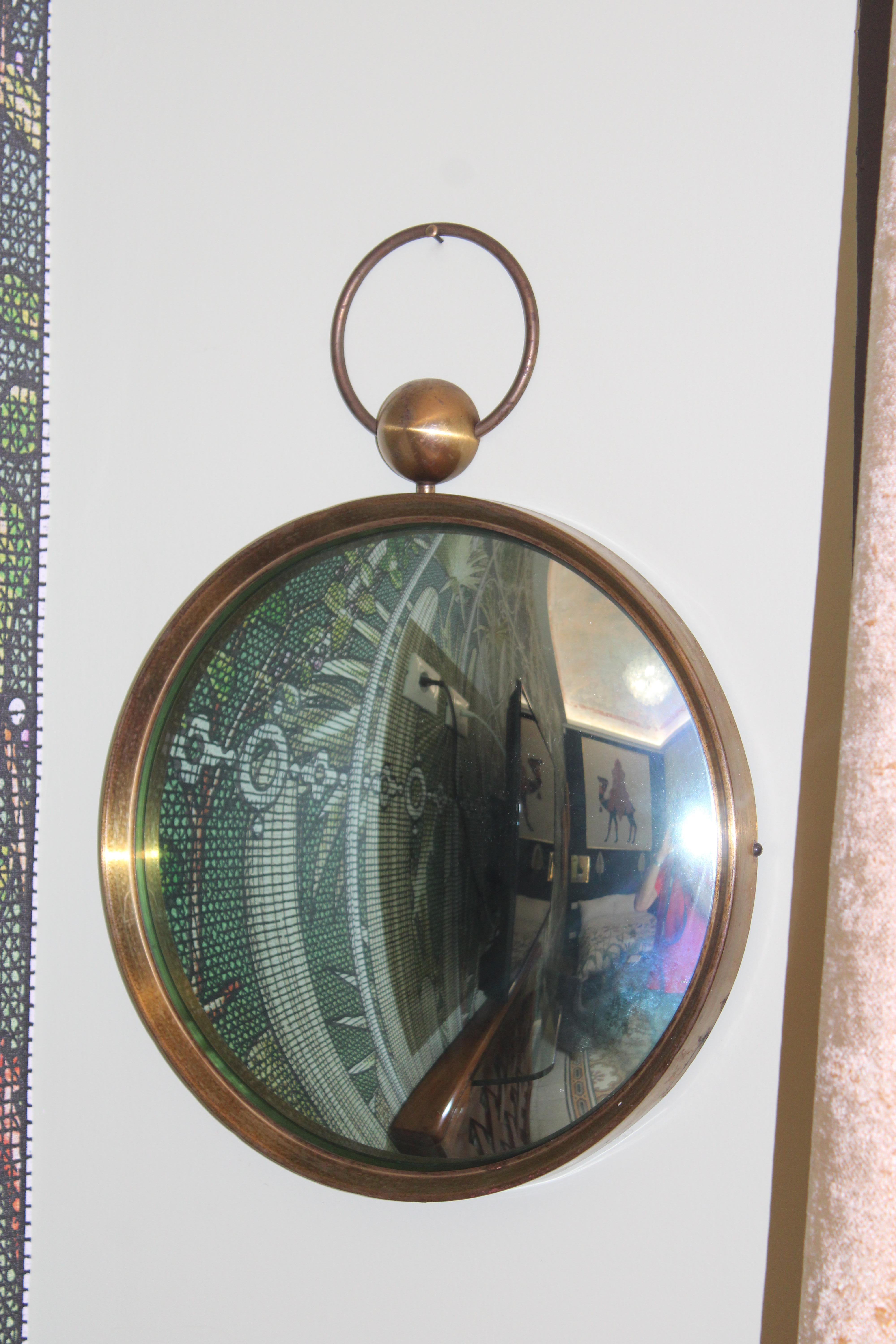 Mid-Century Modern Italian 1950 Style Fornasetti Brass and Green Concave Mirror For Sale