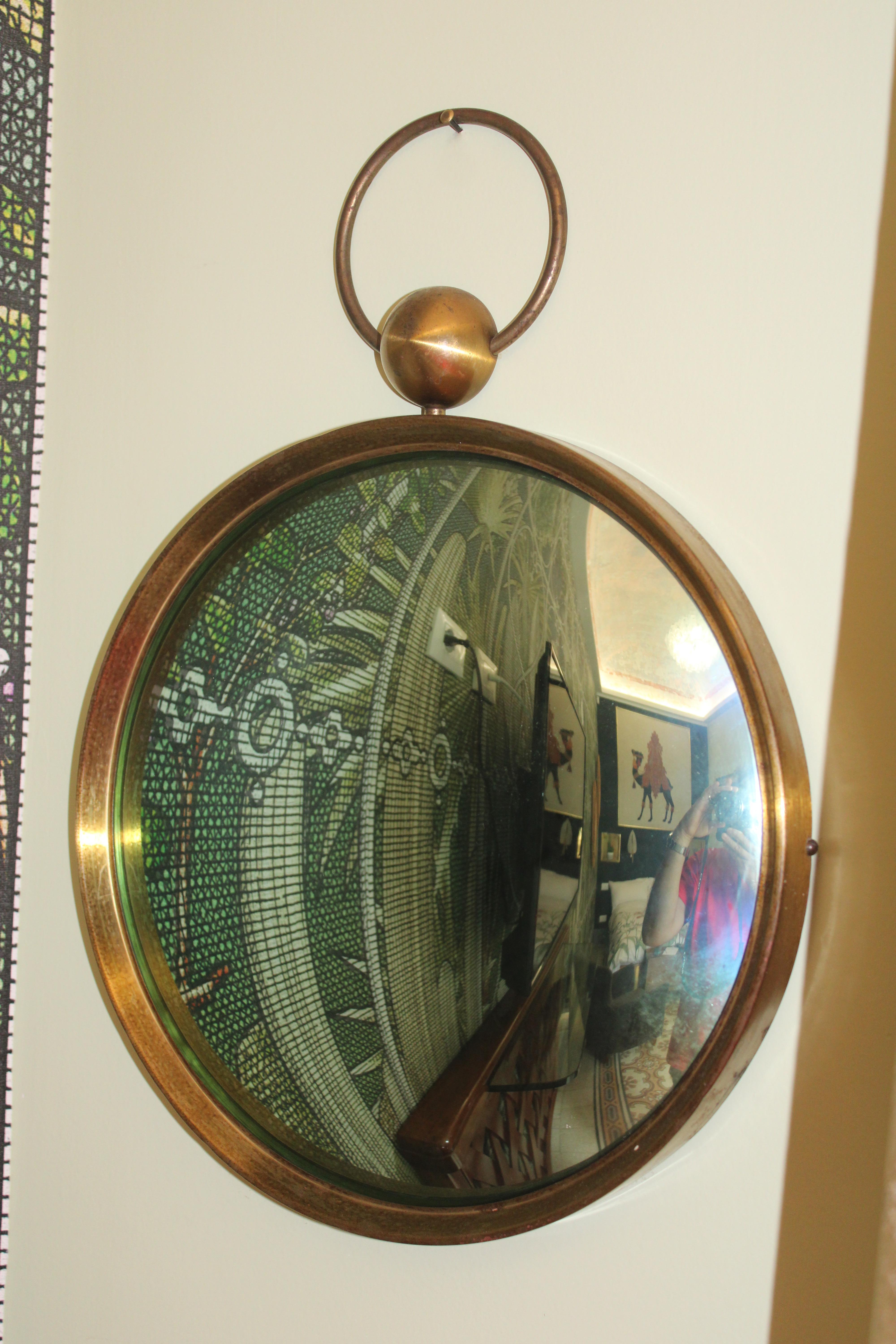 Mid-20th Century Italian 1950 Style Fornasetti Brass and Green Concave Mirror For Sale