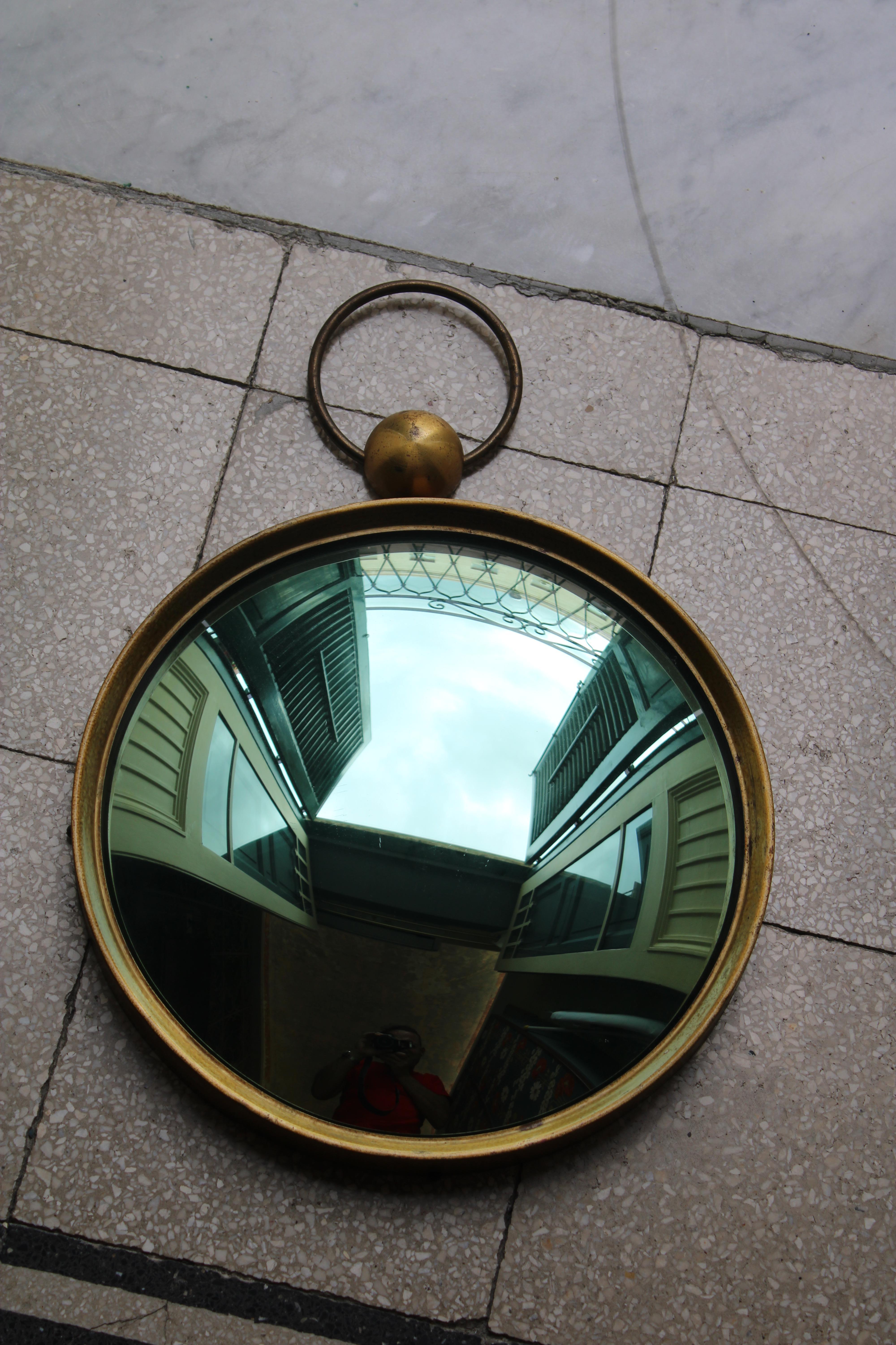 Italian 1950 Style Fornasetti Brass and Green Concave Mirror For Sale 1