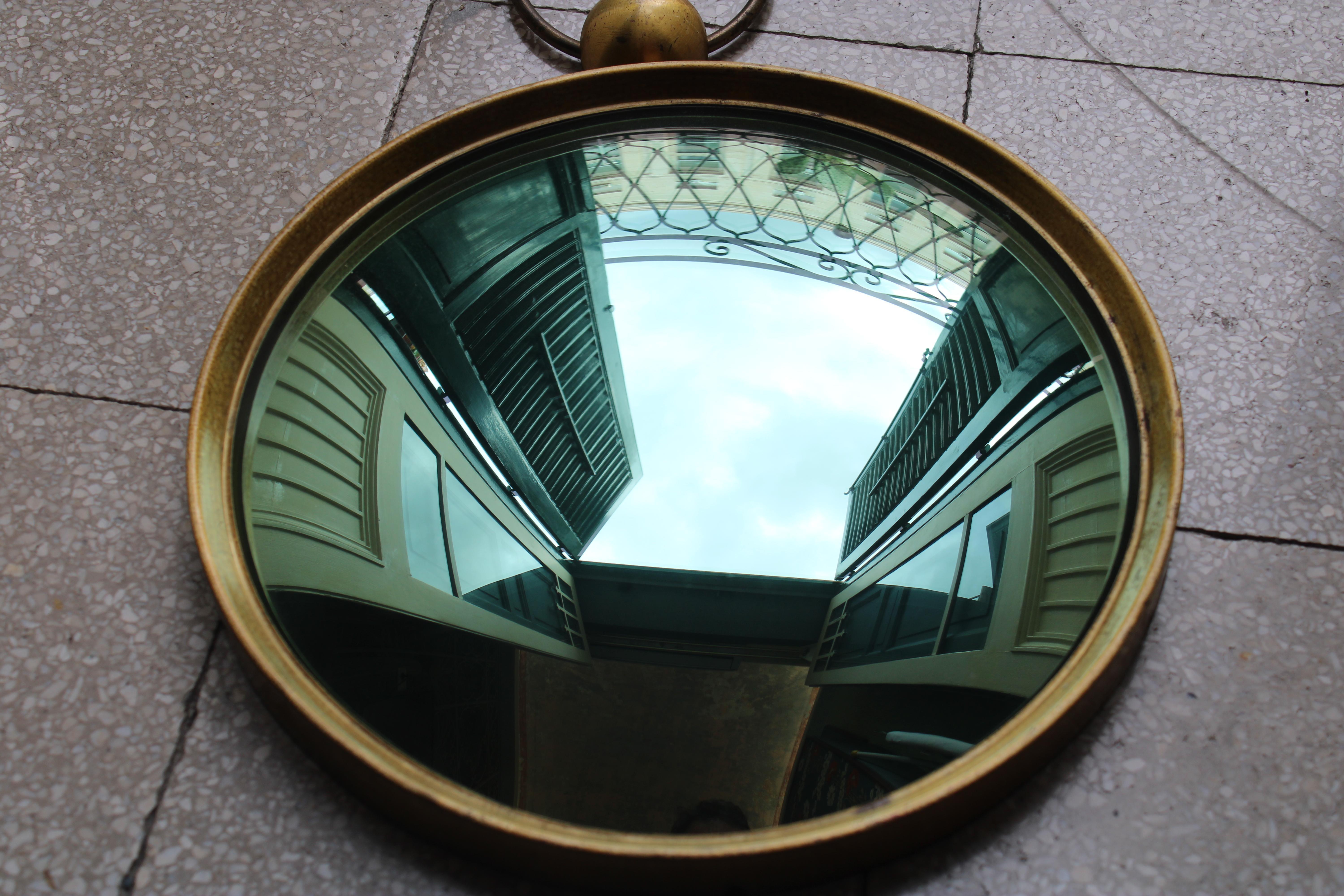 Italian 1950 Style Fornasetti Brass and Green Concave Mirror For Sale 2