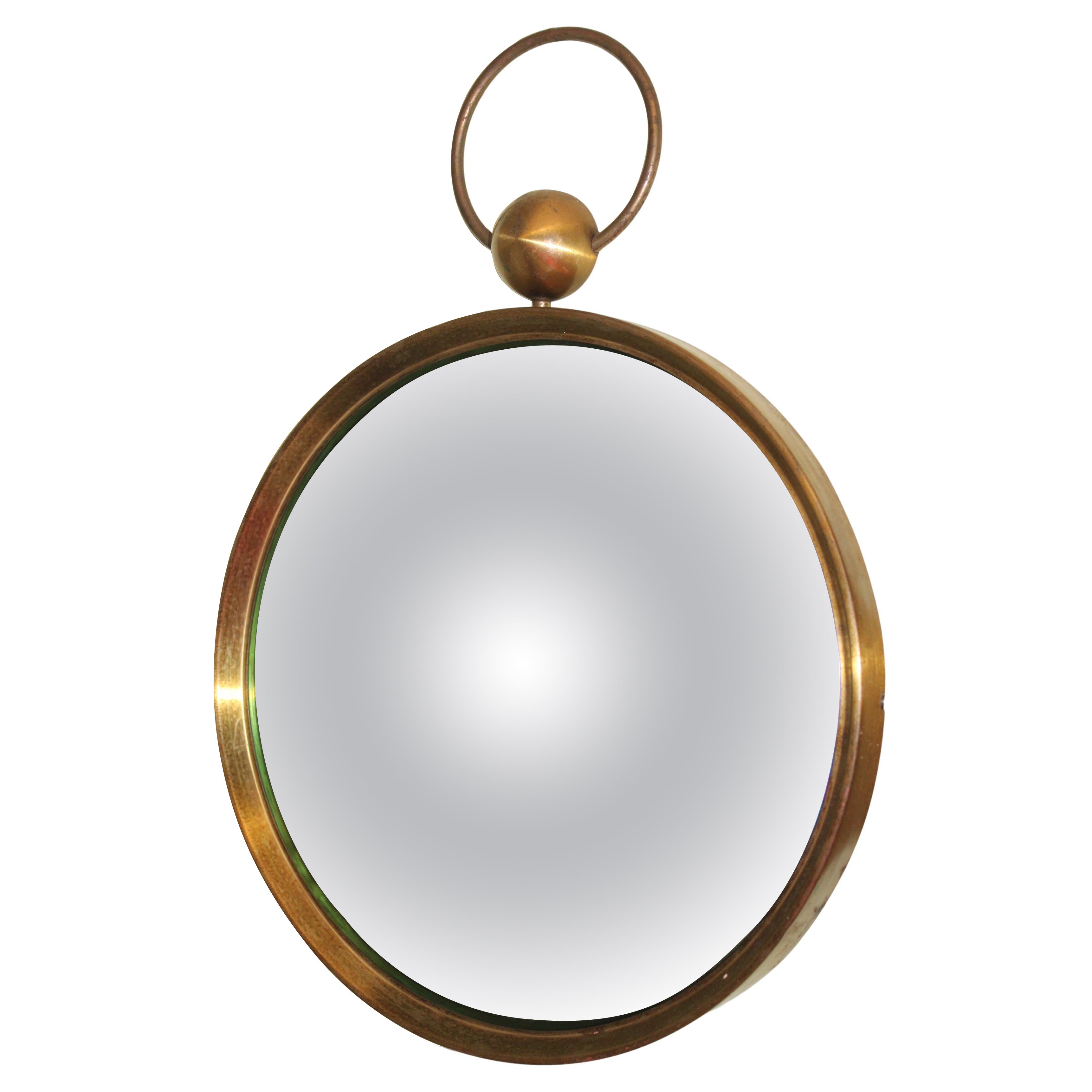 Italian 1950 Style Fornasetti Brass and Green Concave Mirror For Sale