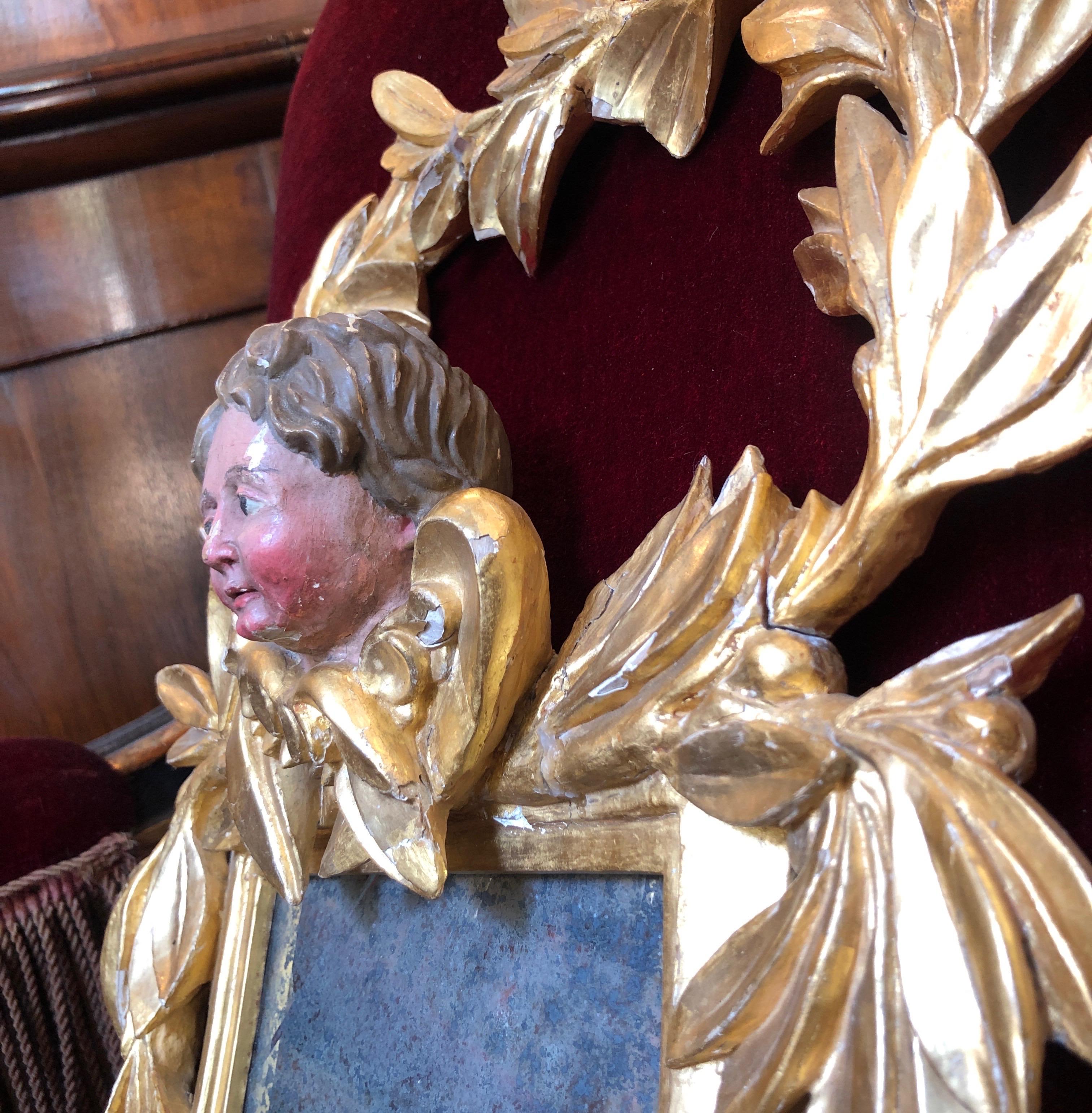 Italian Gilt Wood Carved Mirror with Laurel Garland and Putto 1800s For Sale 3