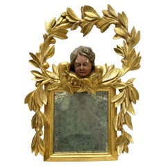 Italian Gilt Wood Carved Mirror with Laurel Garland and Putto 1800s
