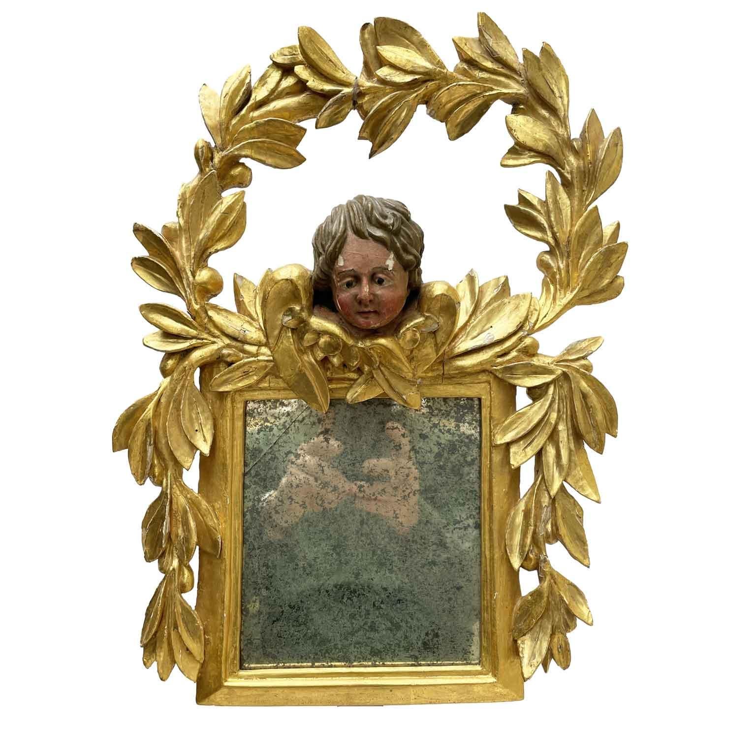Baroque Italian Gilt Wood Carved Mirror with Laurel Garland and Putto 1800s For Sale