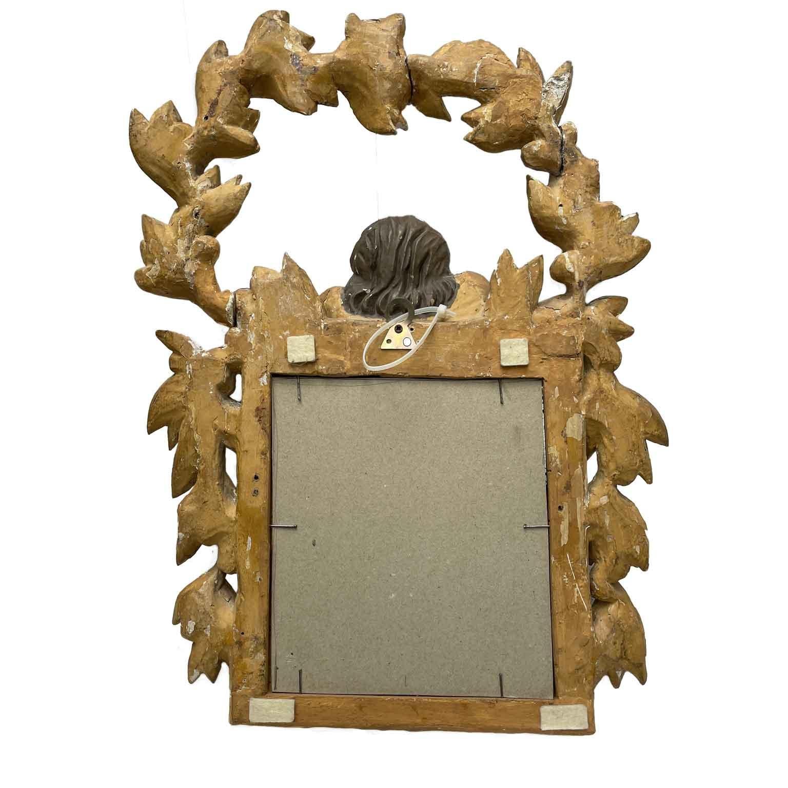 Italian Gilt Wood Carved Mirror with Laurel Garland and Putto 1800s For Sale 1