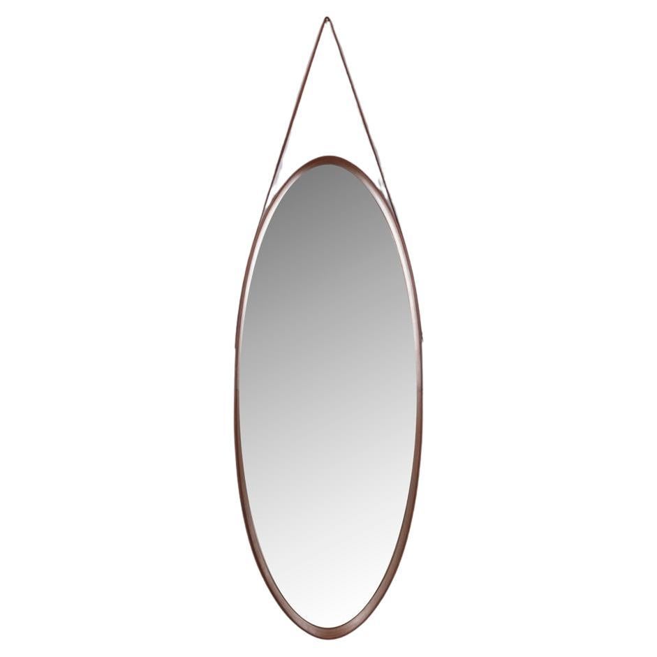 Vintage 1970s oval wall mirror made of wood, Italian design