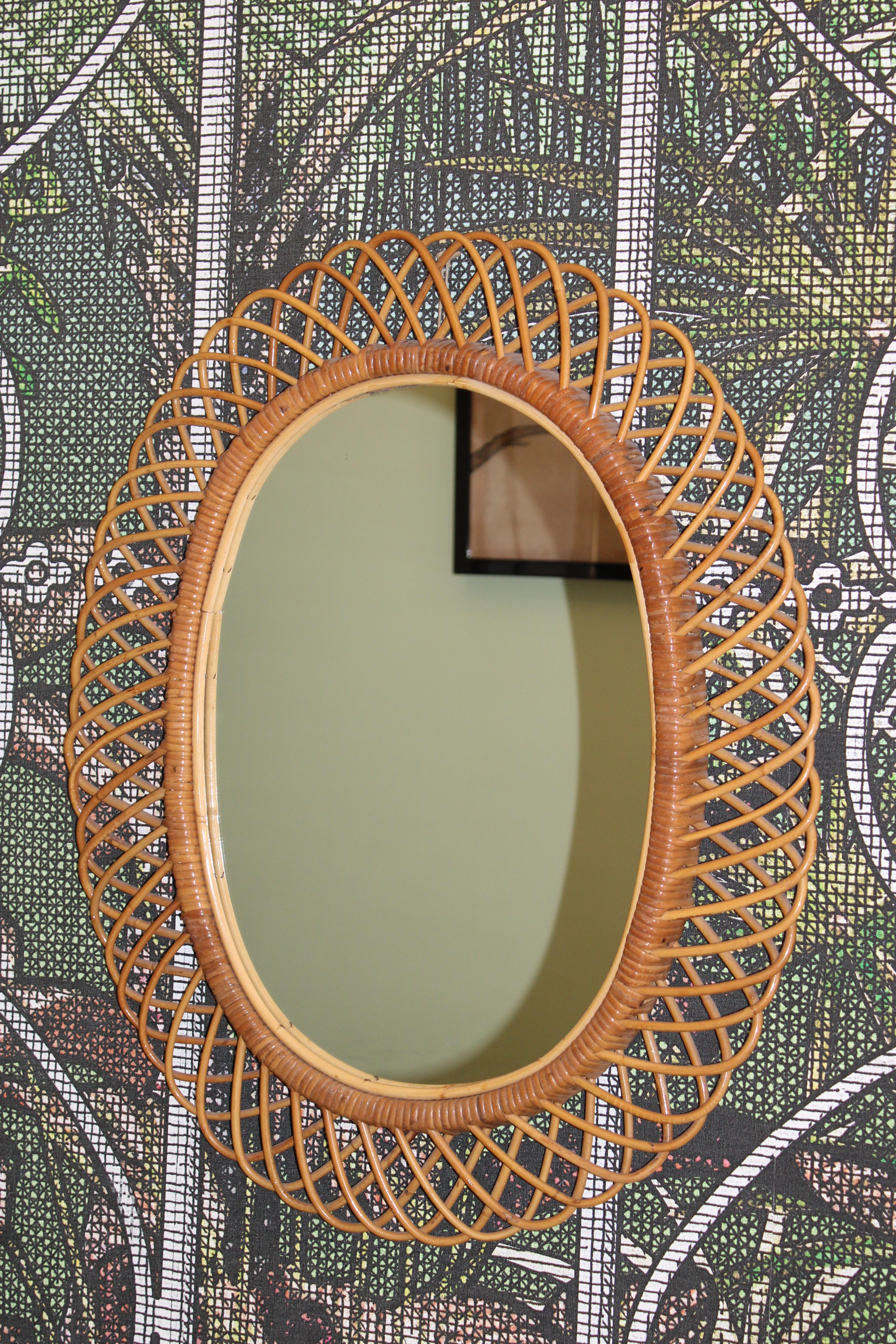 Mid-Century Modern Franco Albini 1950 Woven Bamboo Oval Mirror For Sale