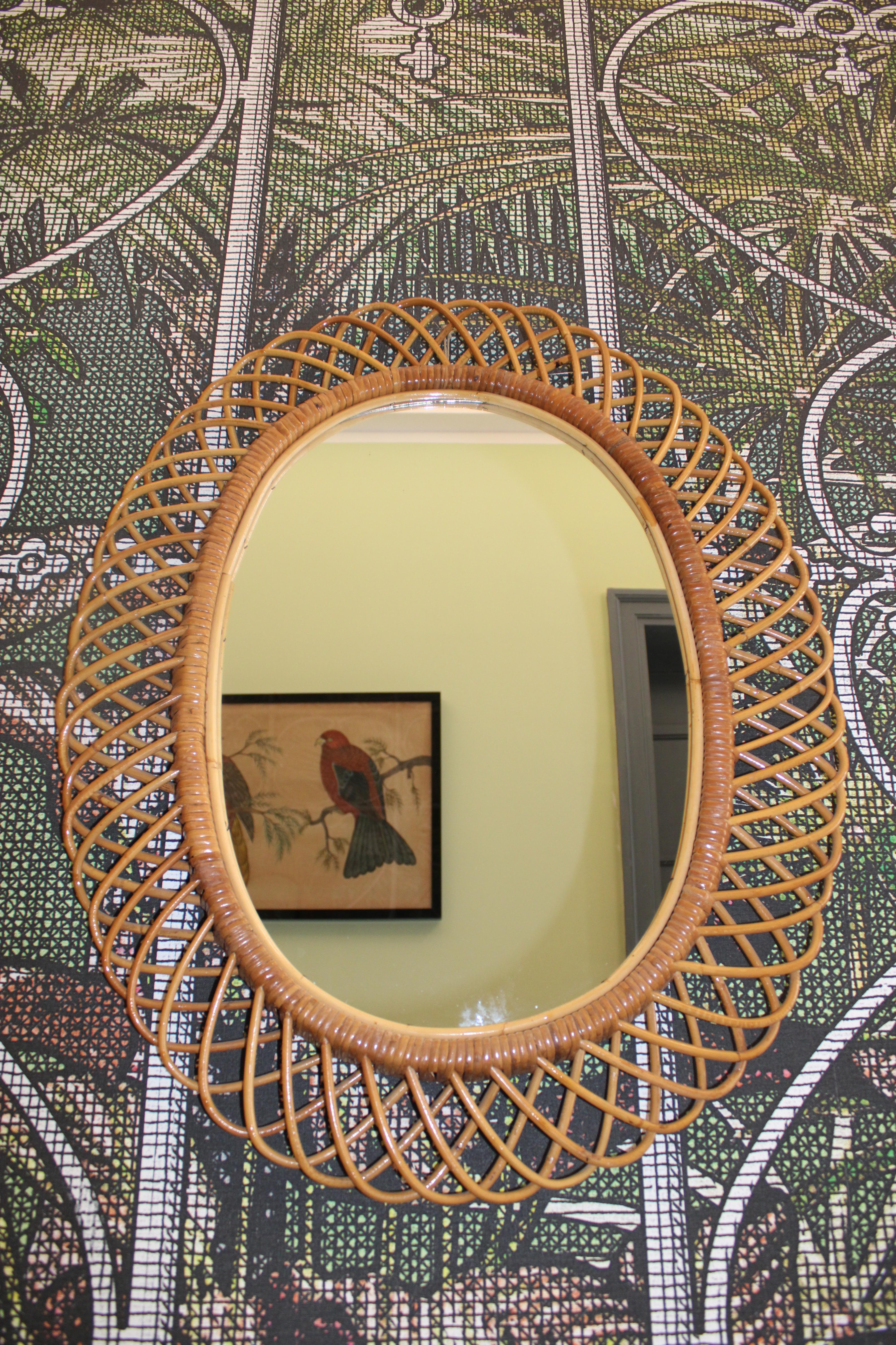 Mid-20th Century Franco Albini 1950 Woven Bamboo Oval Mirror For Sale