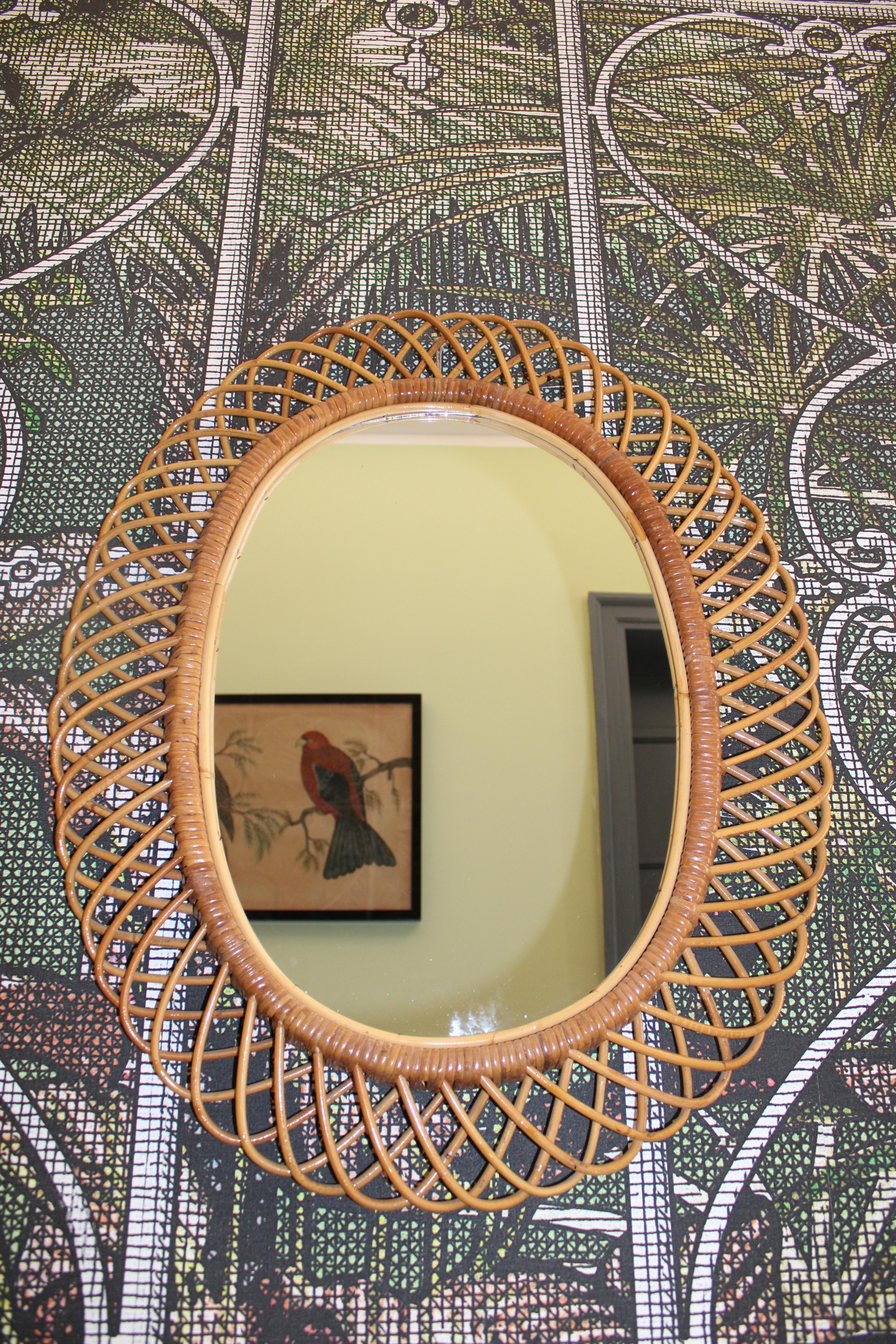 Franco Albini 1950 Woven Bamboo Oval Mirror For Sale 3