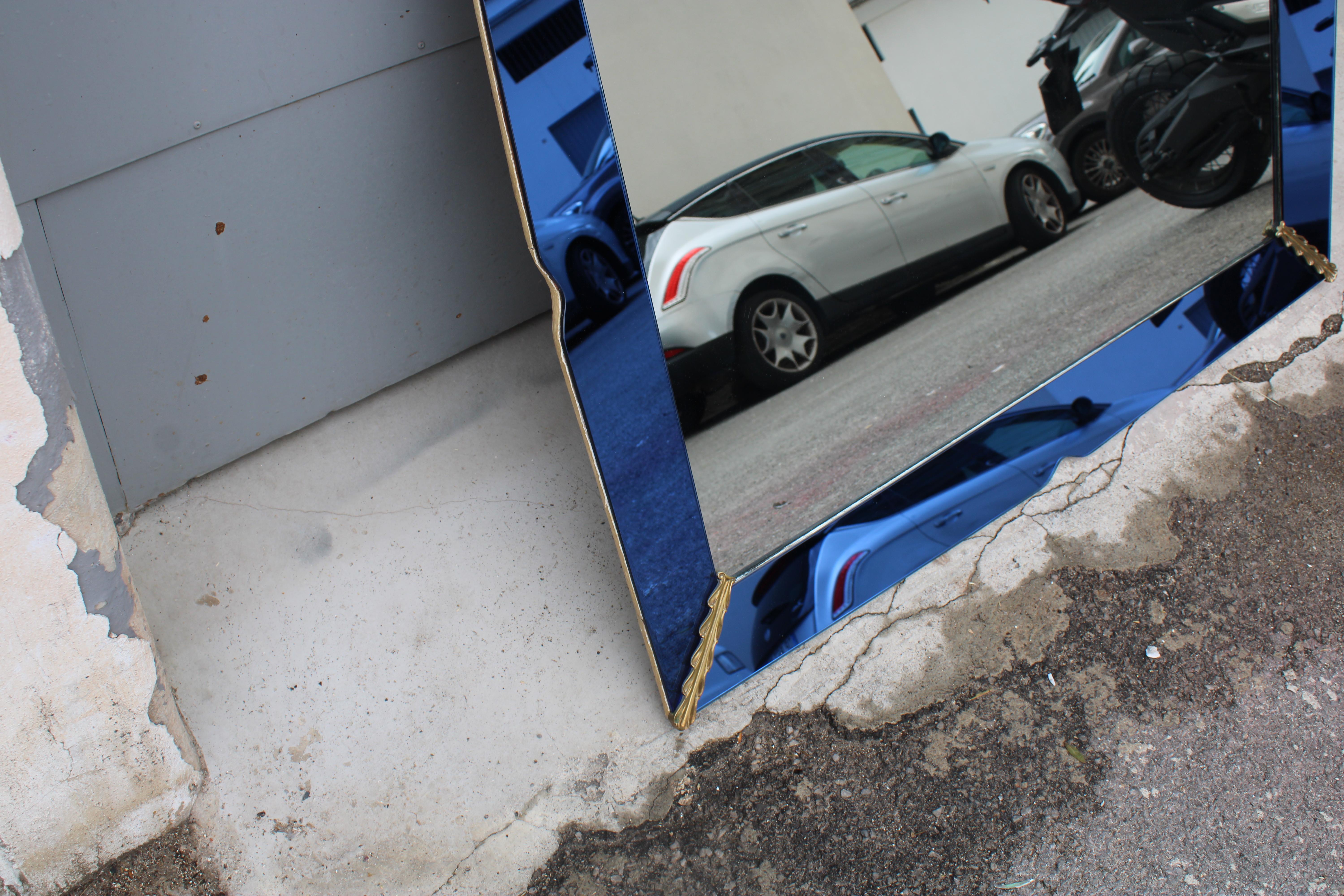 Rectangular Cobalt Blue Mirror with Brass Pietro Chiesa 1940 Fontana Arte For Sale 4