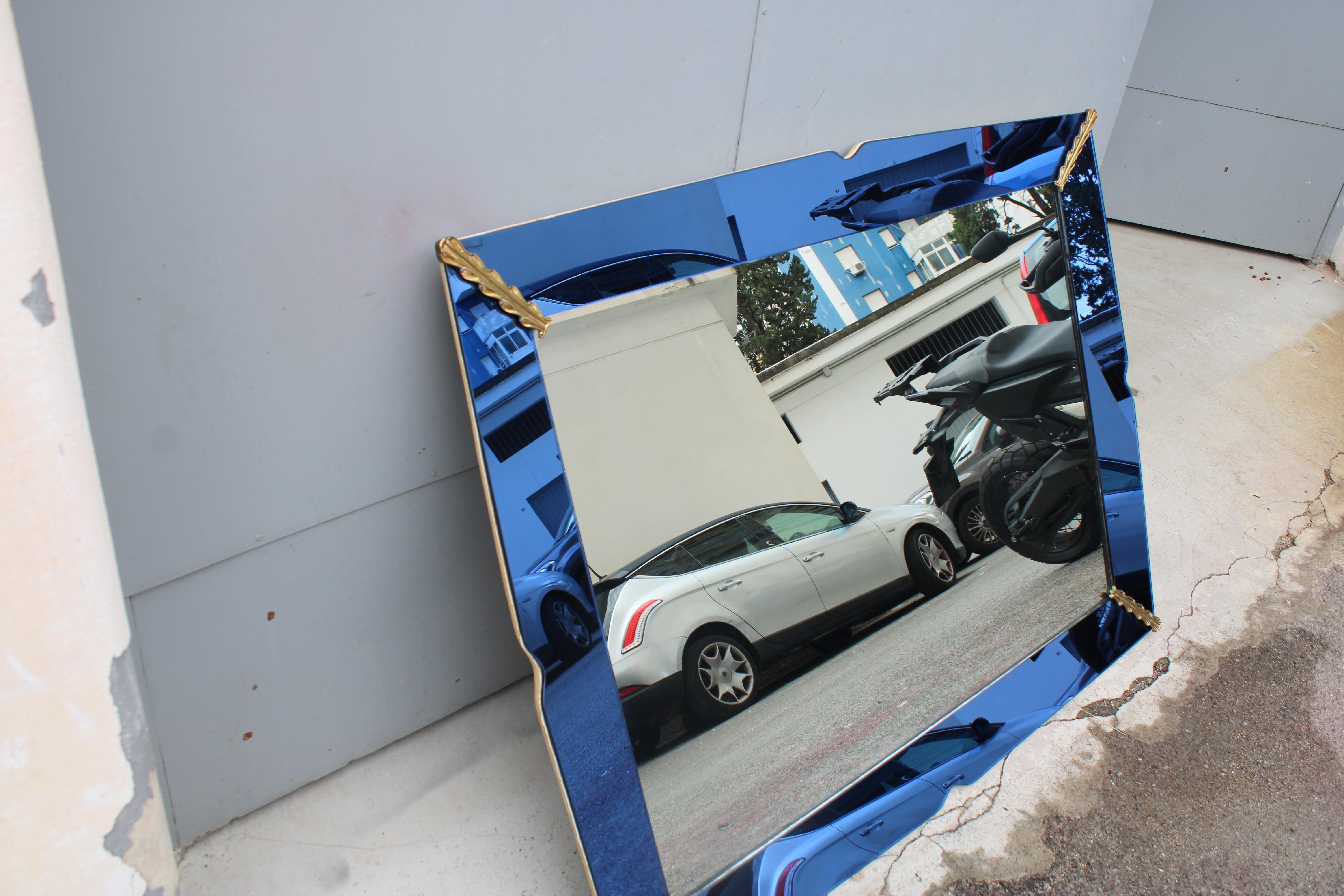 Rectangular Cobalt Blue Mirror with Brass Pietro Chiesa 1940 Fontana Arte For Sale 5