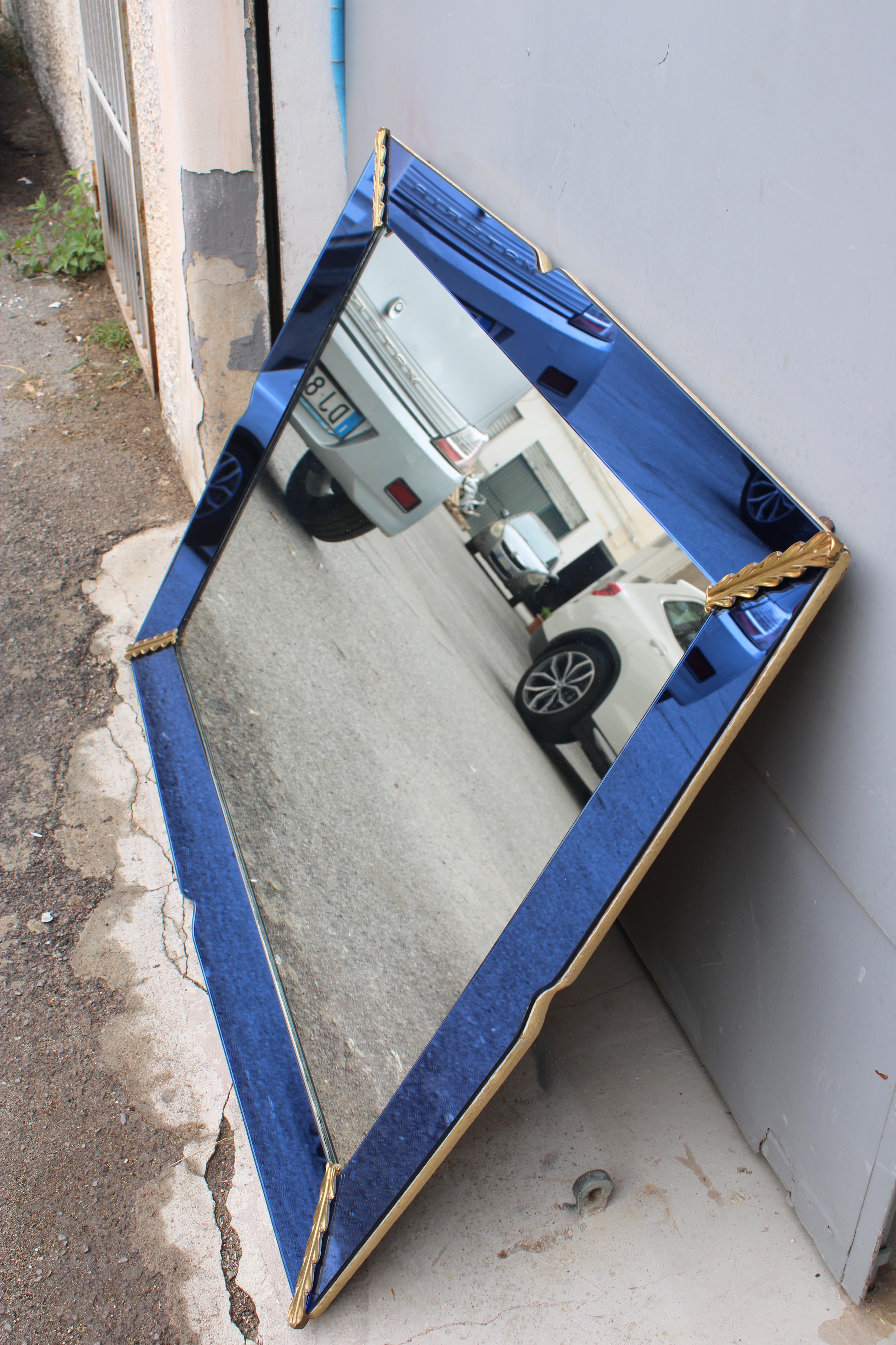 Rectangular Cobalt Blue Mirror with Brass Pietro Chiesa 1940 Fontana Arte For Sale 12