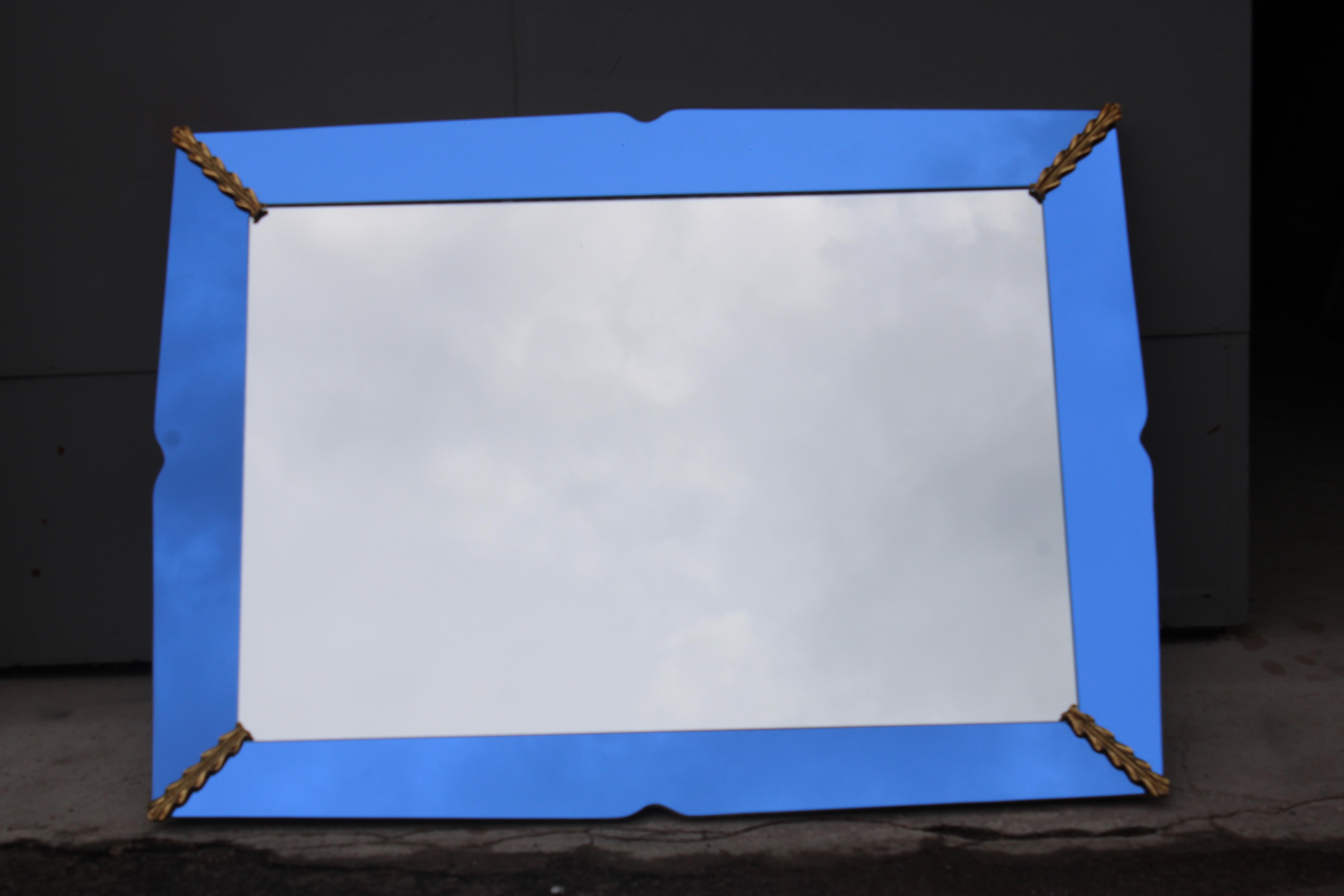 Mid-Century Modern Rectangular Cobalt Blue Mirror with Brass Pietro Chiesa 1940 Fontana Arte For Sale