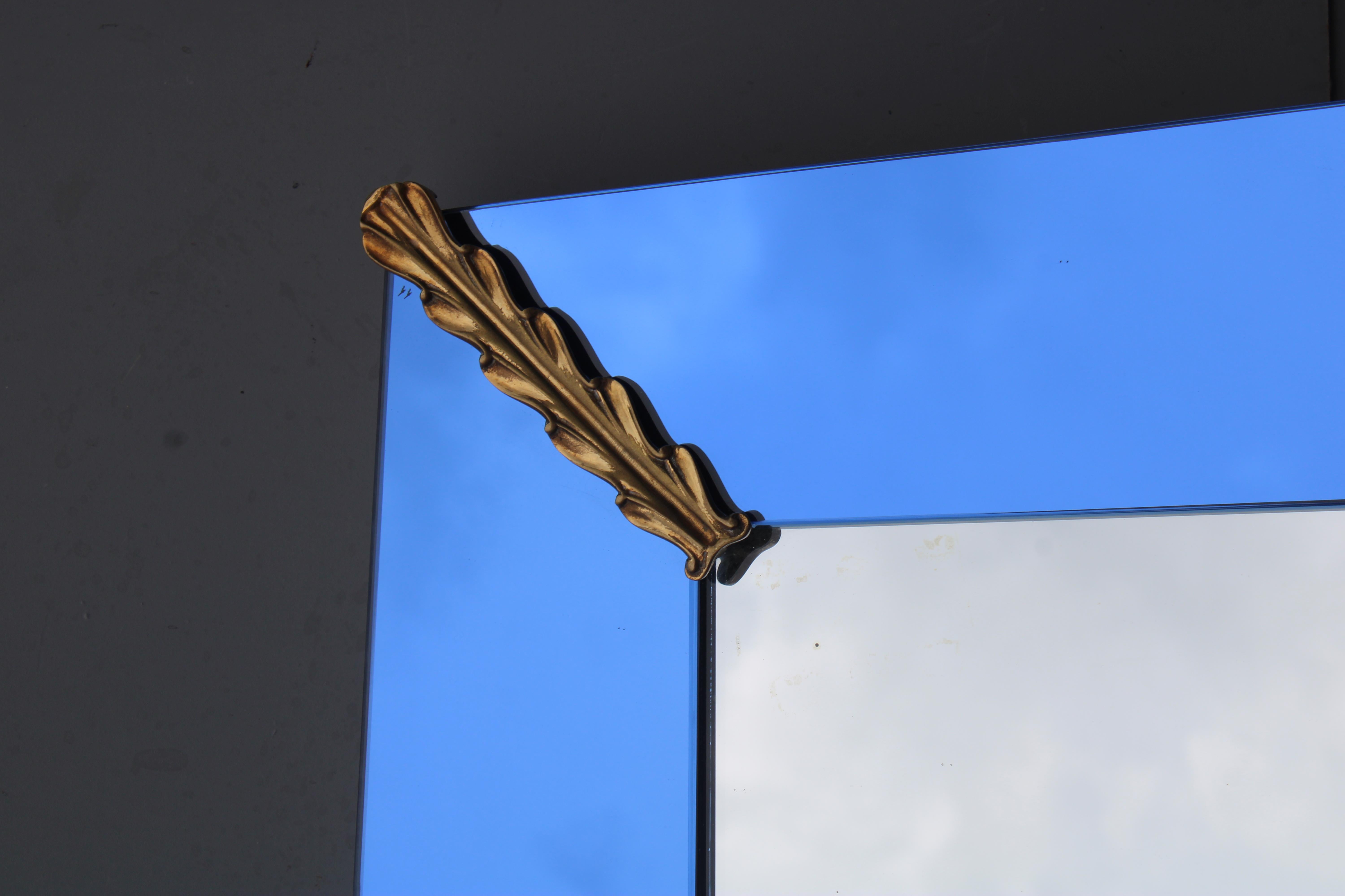 Italian Rectangular Cobalt Blue Mirror with Brass Pietro Chiesa 1940 Fontana Arte For Sale