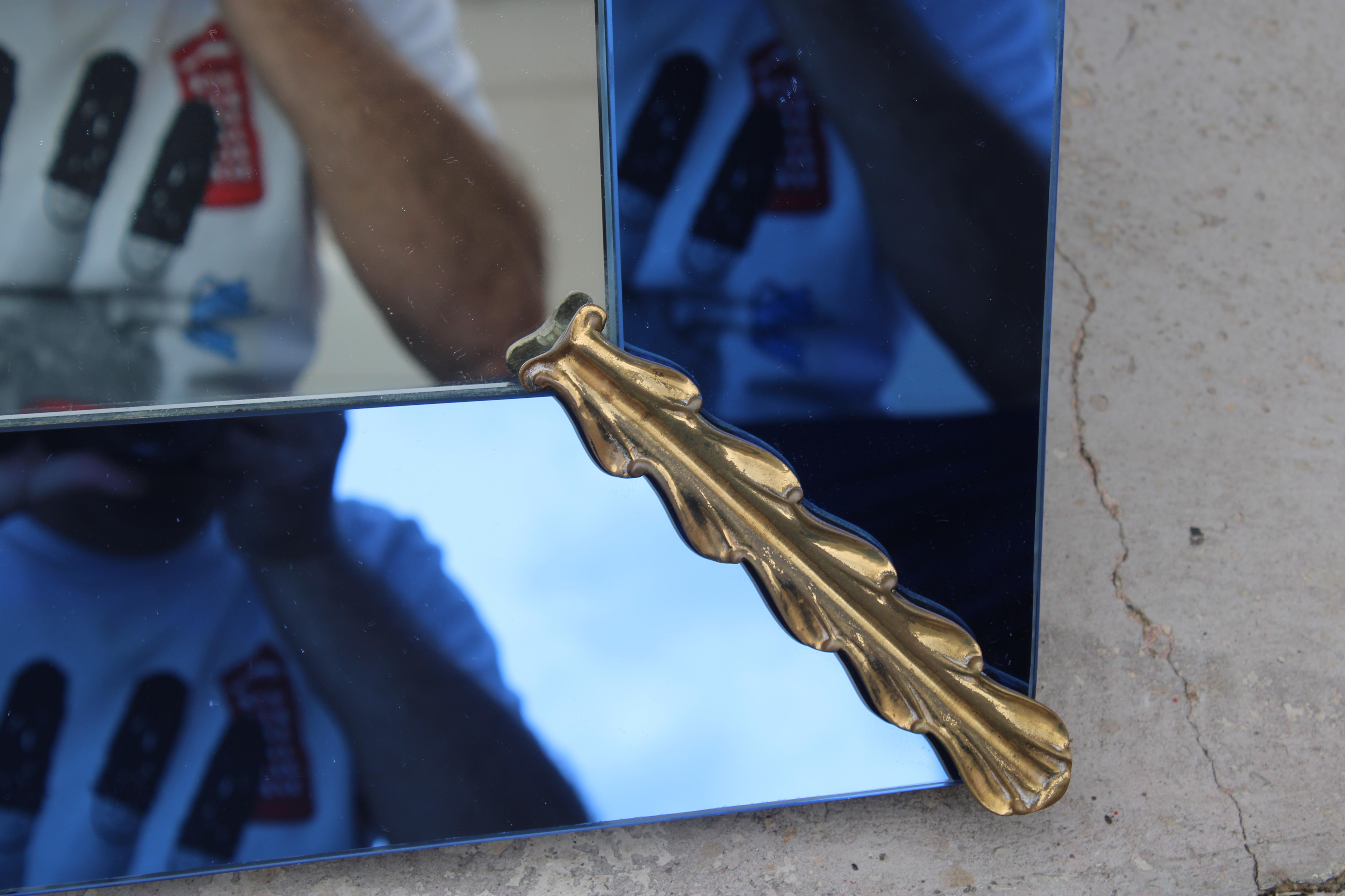 Mid-20th Century Rectangular Cobalt Blue Mirror with Brass Pietro Chiesa 1940 Fontana Arte For Sale