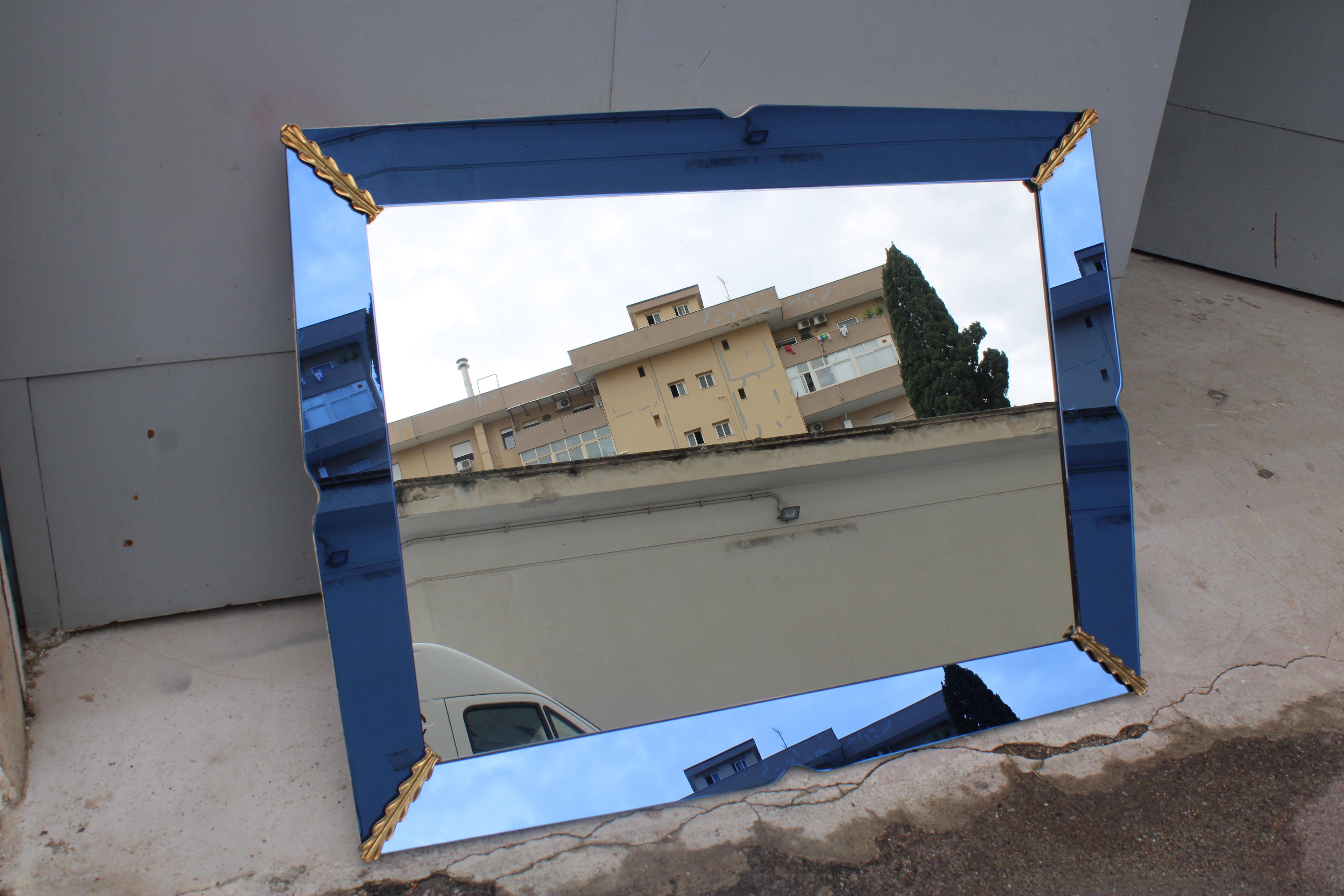 Rectangular Cobalt Blue Mirror with Brass Pietro Chiesa 1940 Fontana Arte For Sale 1
