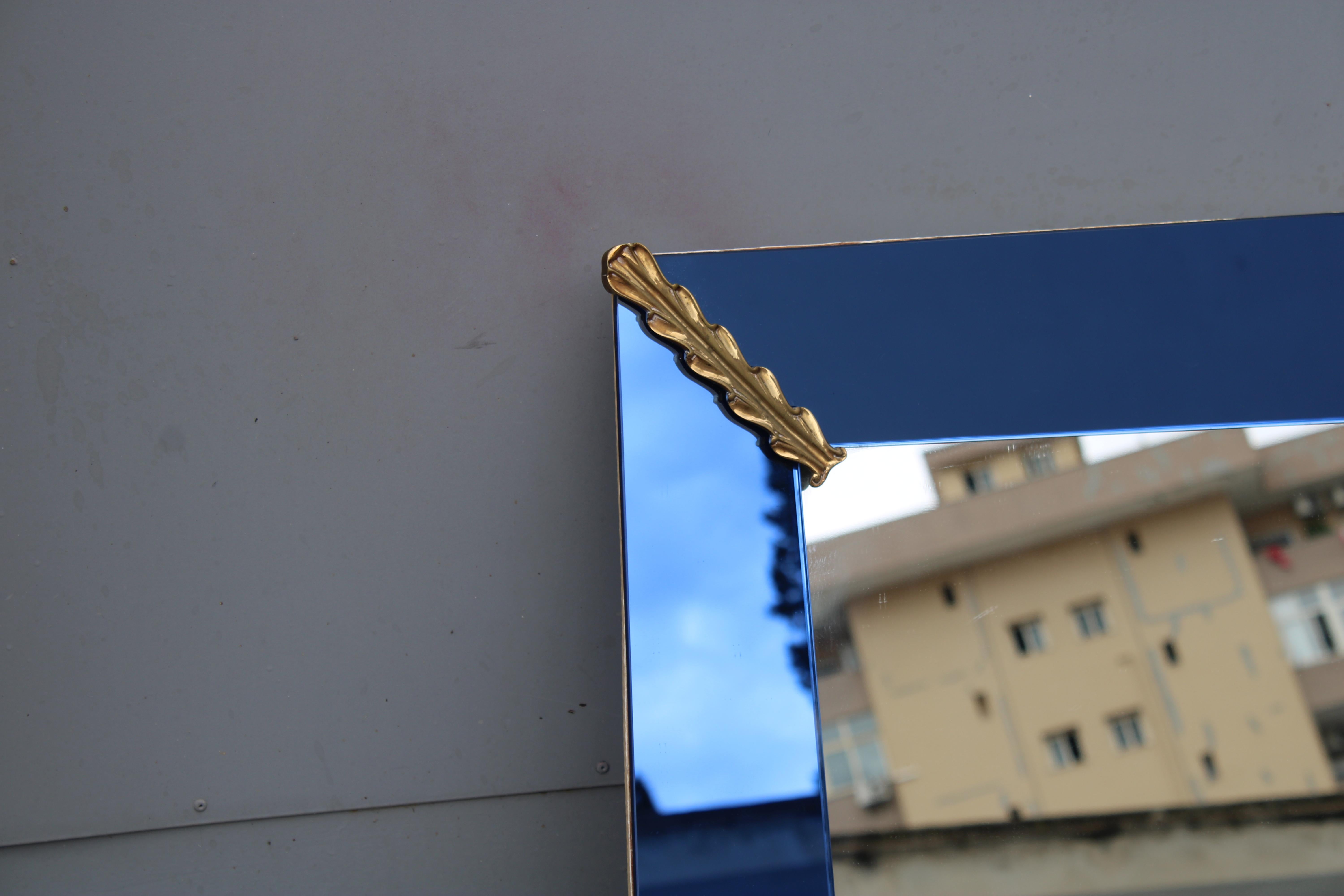 Rectangular Cobalt Blue Mirror with Brass Pietro Chiesa 1940 Fontana Arte For Sale 2