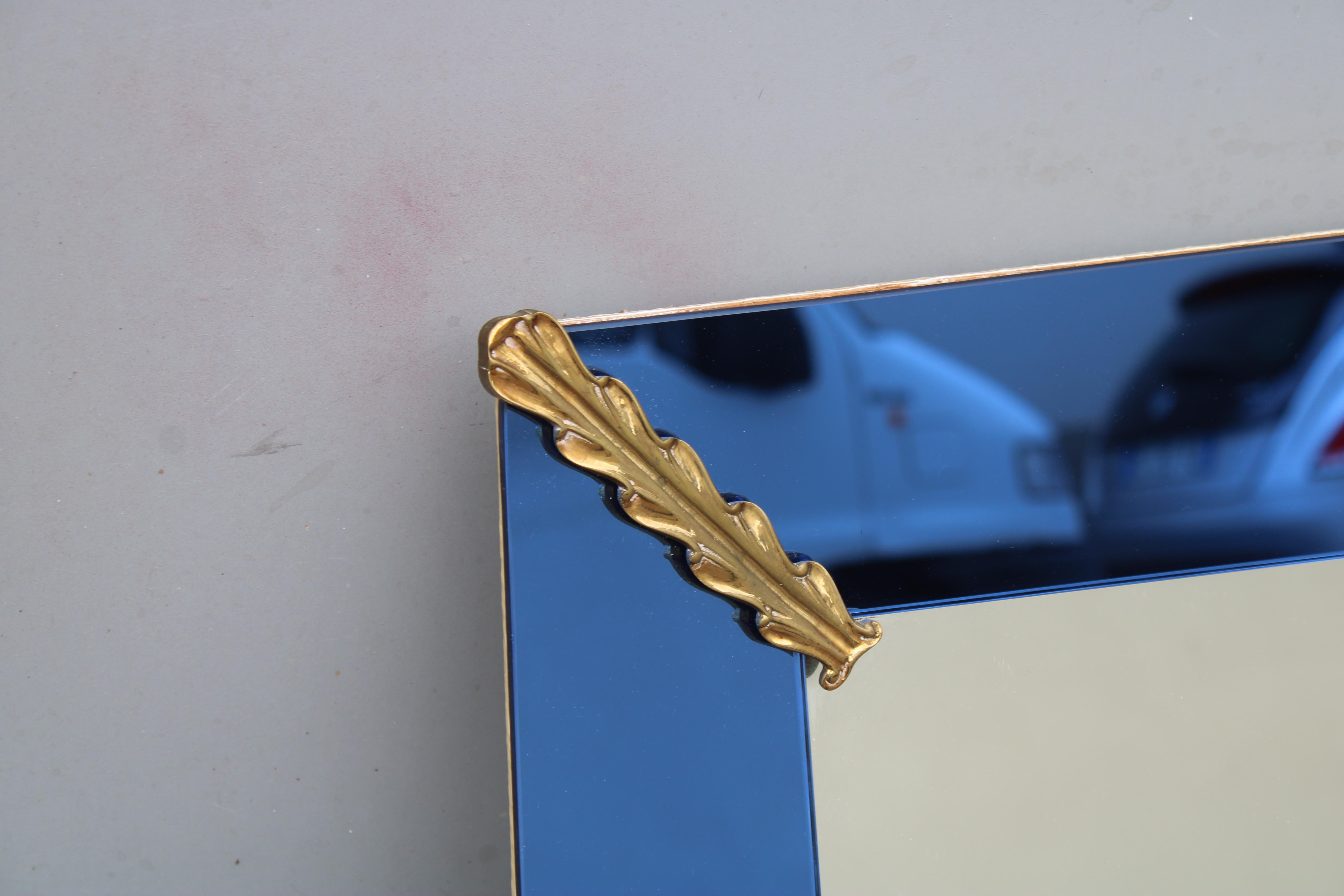 Rectangular Cobalt Blue Mirror with Brass Pietro Chiesa 1940 Fontana Arte For Sale 3