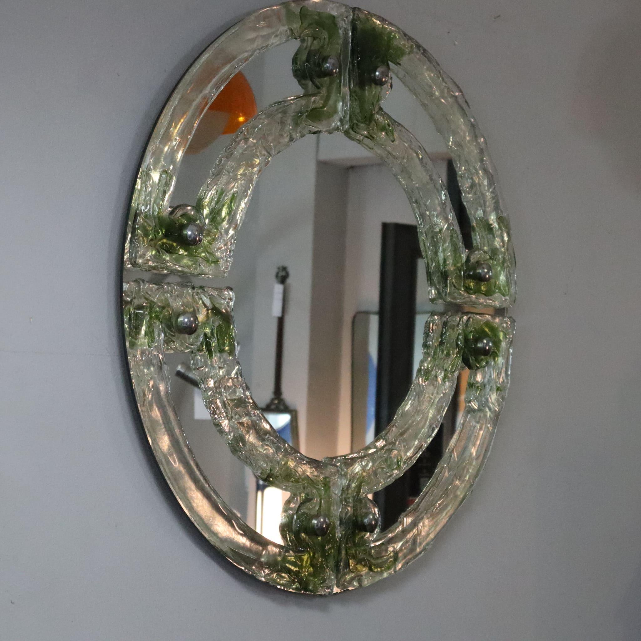 Mid-Century Modern Mid-century Round Green Murano Glass Italian Mirror by Mazzega, 1960s For Sale