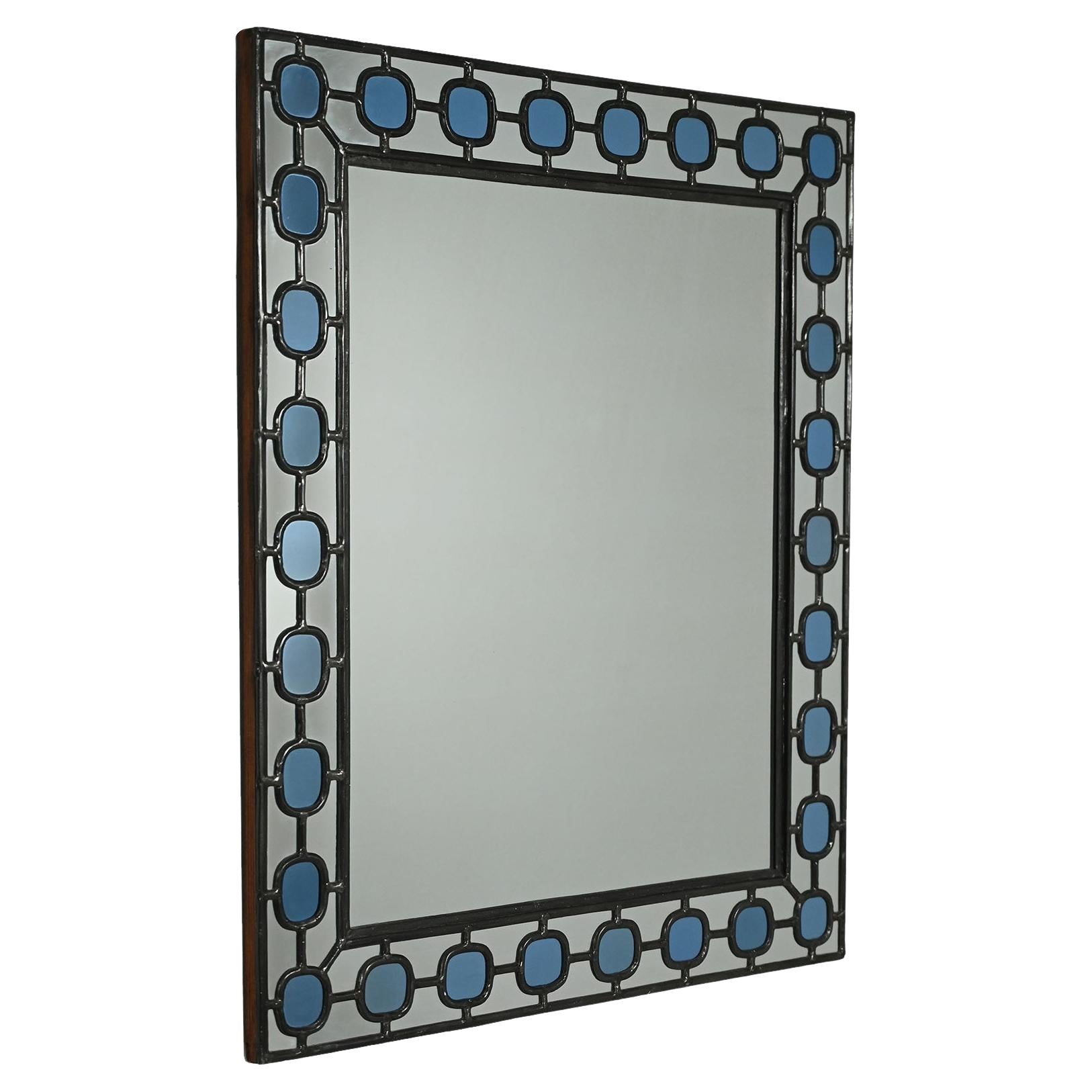 Specchio scandinavo con cornice in vetro piombato azzurro For Sale