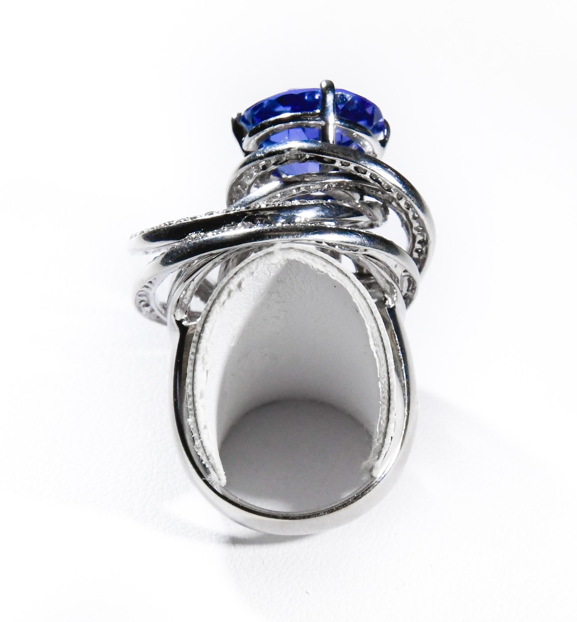 Round Cut Special 18K White Terrific Tanzanite and Diamond Swirls Ring For Sale
