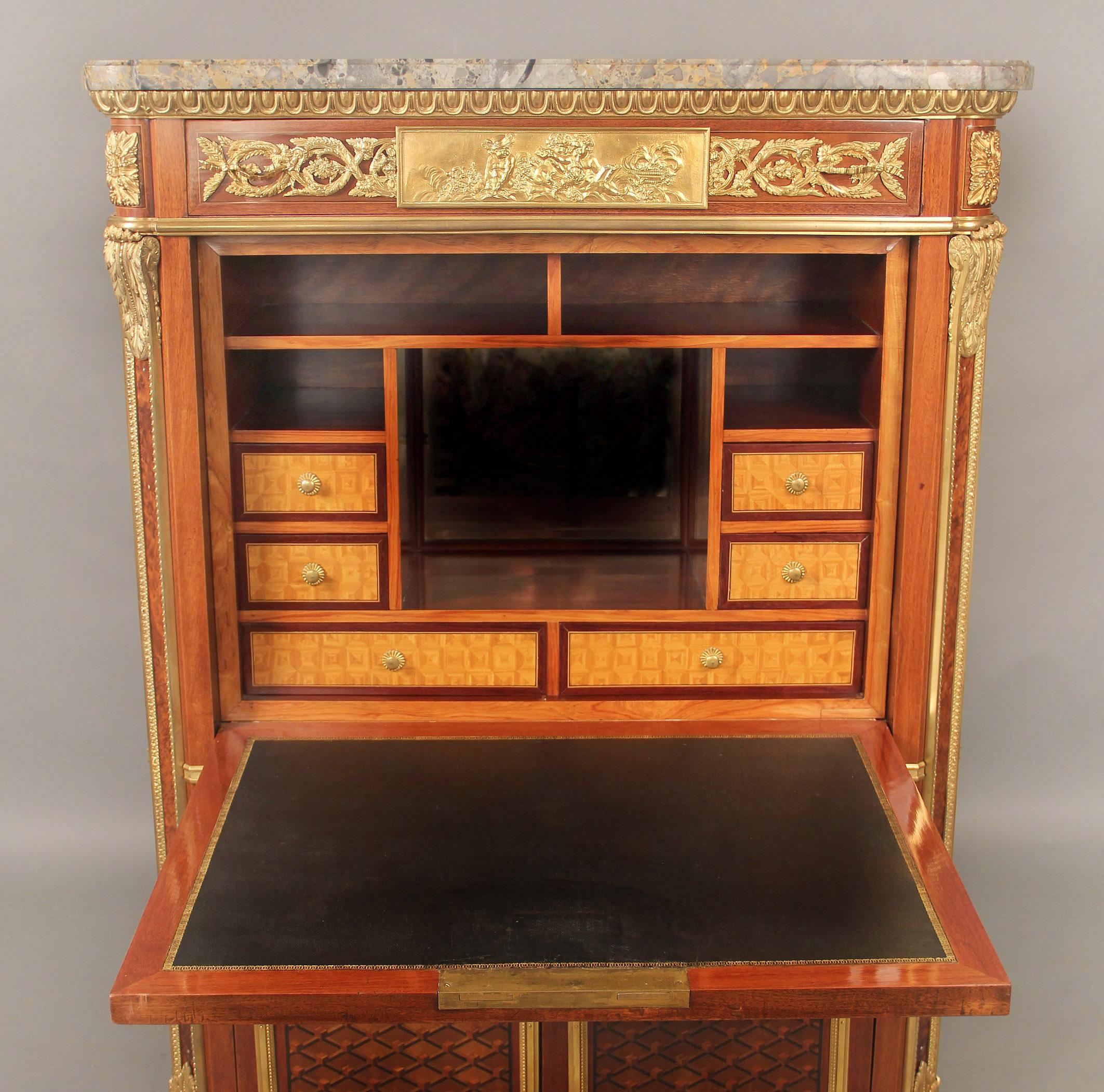 Special 19th Century Gilt Bronze Mounted Inlaid Parquetry Secretaire a Abattant In Good Condition For Sale In New York, NY