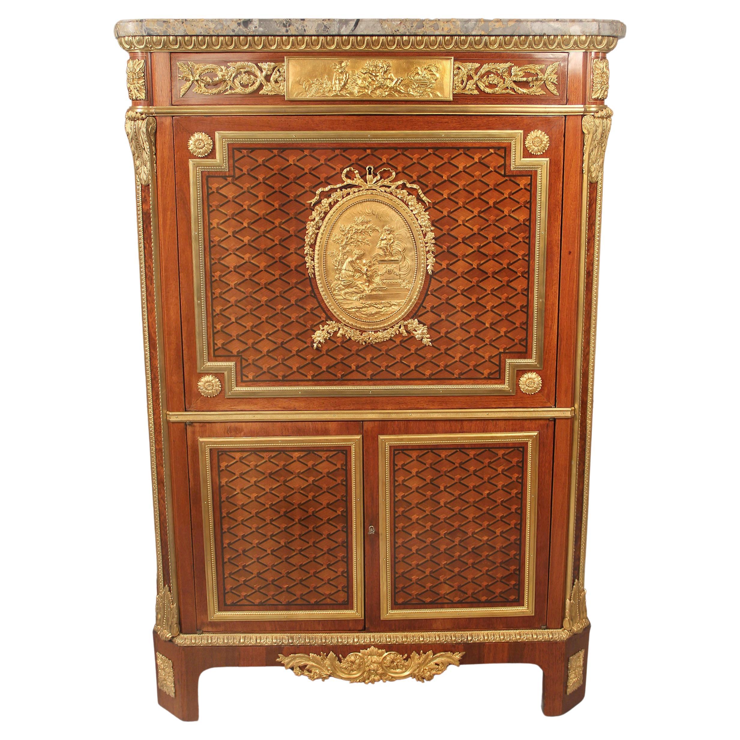 Special 19th Century Gilt Bronze Mounted Inlaid Parquetry Secretaire a Abattant
