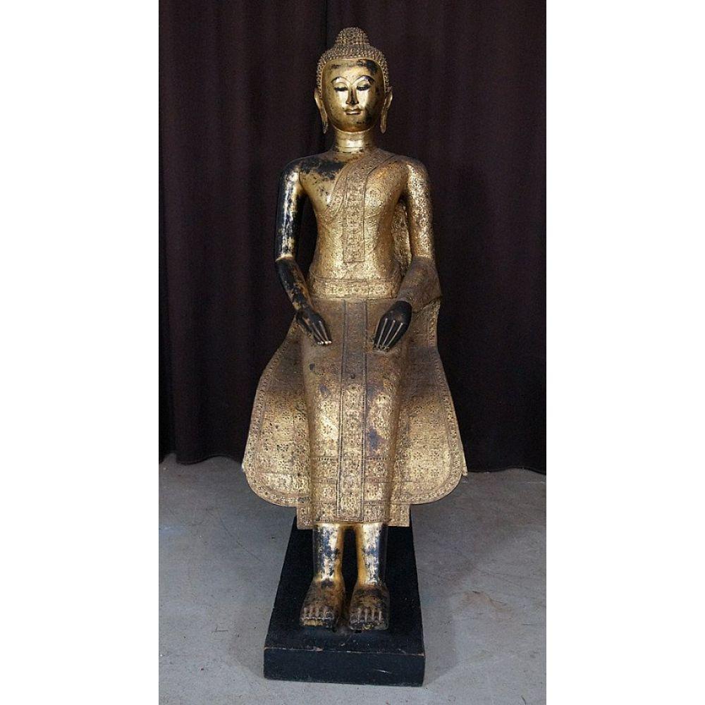 Material: bronze
110 cm high 
Maximum width is 41 cm
Gilded with 24 krt. gold
Originating from Thailand
Early 19th century - Rattanakosin period
With inlayed eyes
The base is 64 x 26 x 6 cm
With original invoice from 1979 - see also the
