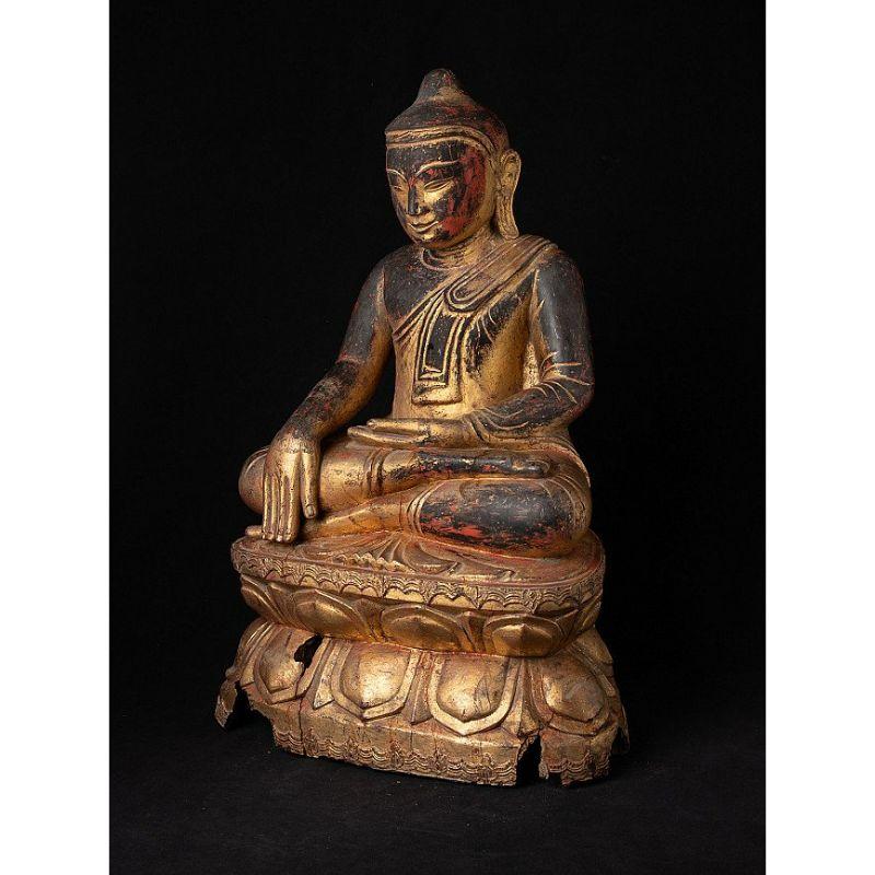 Material: wood
59 cm high 
39,5 cm wide and 27,5 cm deep
Weight: 9.95 kgs
With traces of 24 krt. gold
Bhumisparsha mudra
Originating from Burma
15-16th century
From the Pinya style / period
Original wooden Pinya Buddha statues in this size