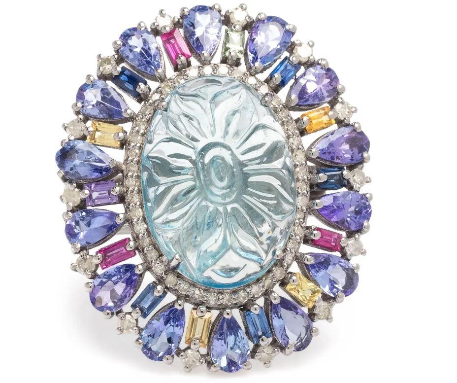 Artisan Vintage Silver Colorful Multi-gem Aquamarine Tanzanite Diamond Ring Size 6-3/4 For Sale