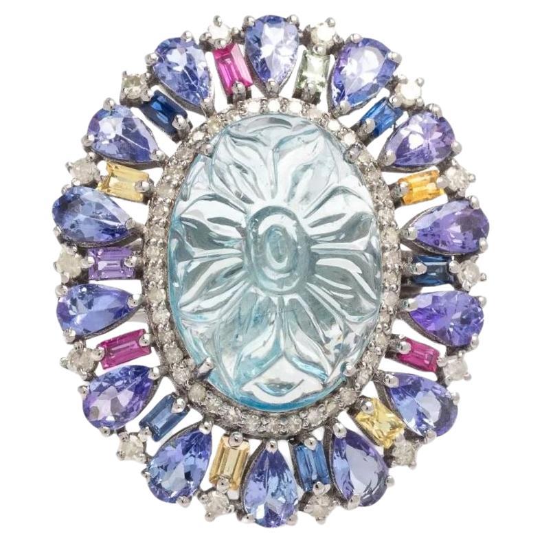Vintage Silver Colorful Multi-gem Aquamarine Tanzanite Diamond Ring Size 6-3/4 For Sale