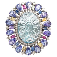 Vintage Silver Colorful Multi-gem Aquamarine Tanzanite Diamond Ring Size 6-3/4
