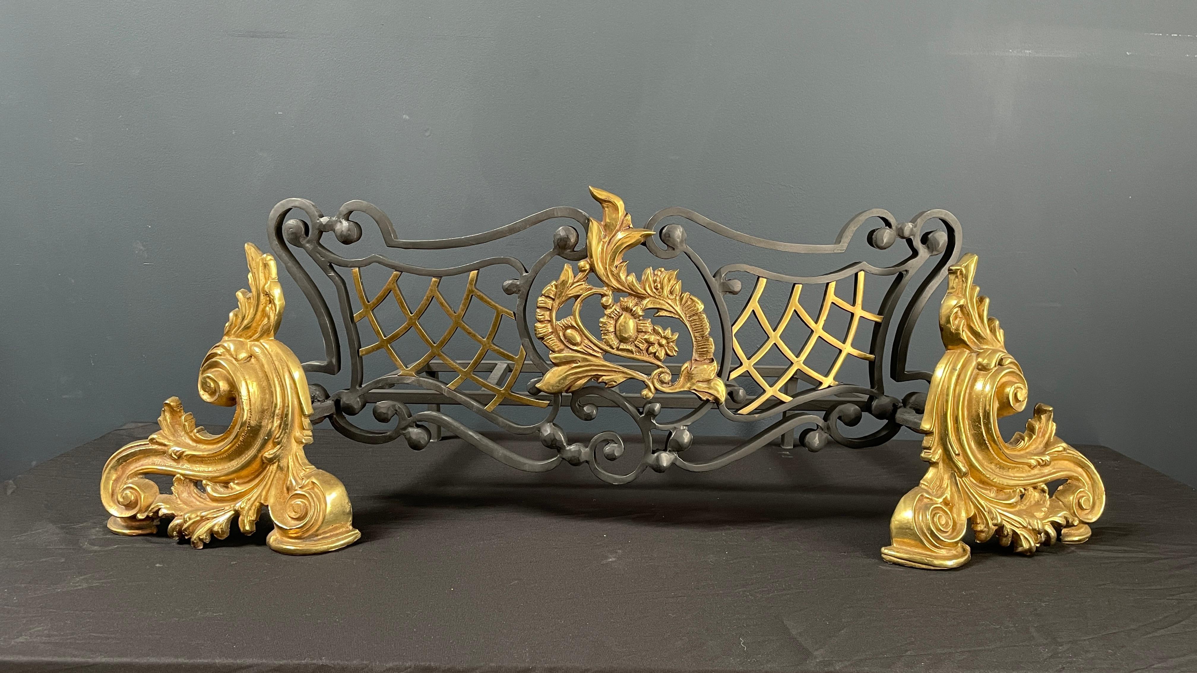 19th Century Special Antique Wrought Iron and Brass Fireplace Grate or Fire Basket