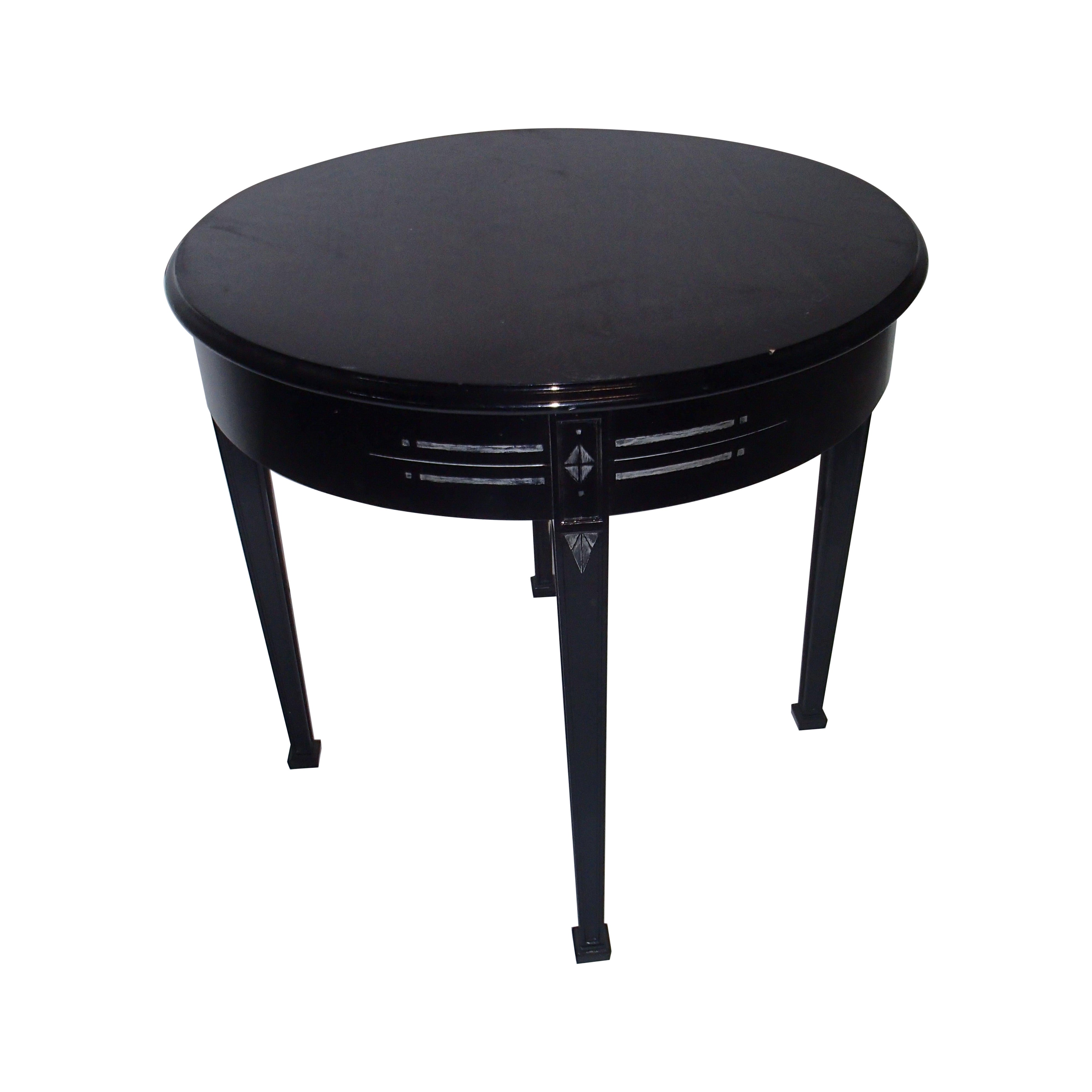 special Art Deco round black table with silver rim For Sale