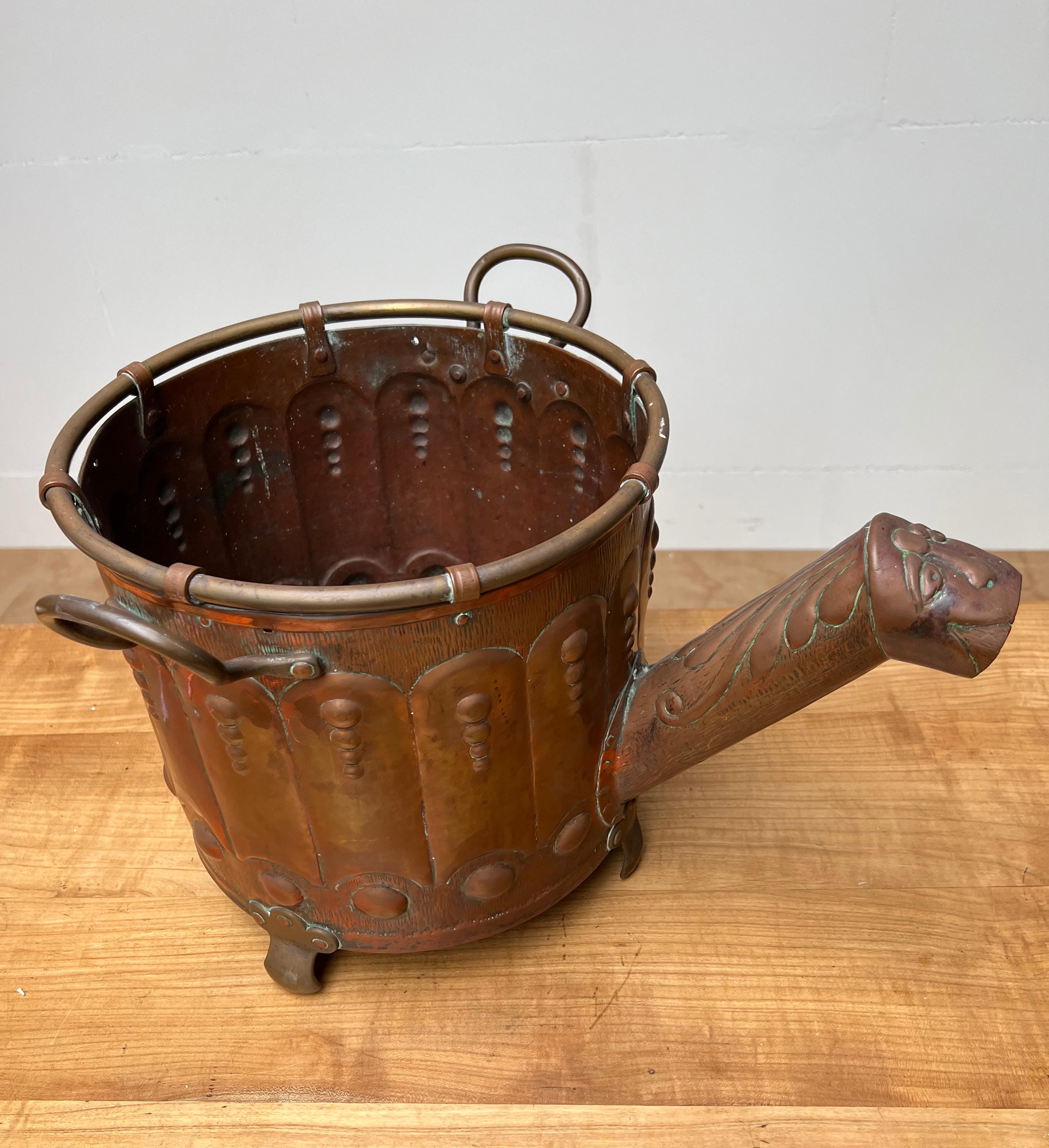 Special Arts & Crafts Brass / Copper Bucket w. Rare Watering Can Spout & Handles For Sale 6