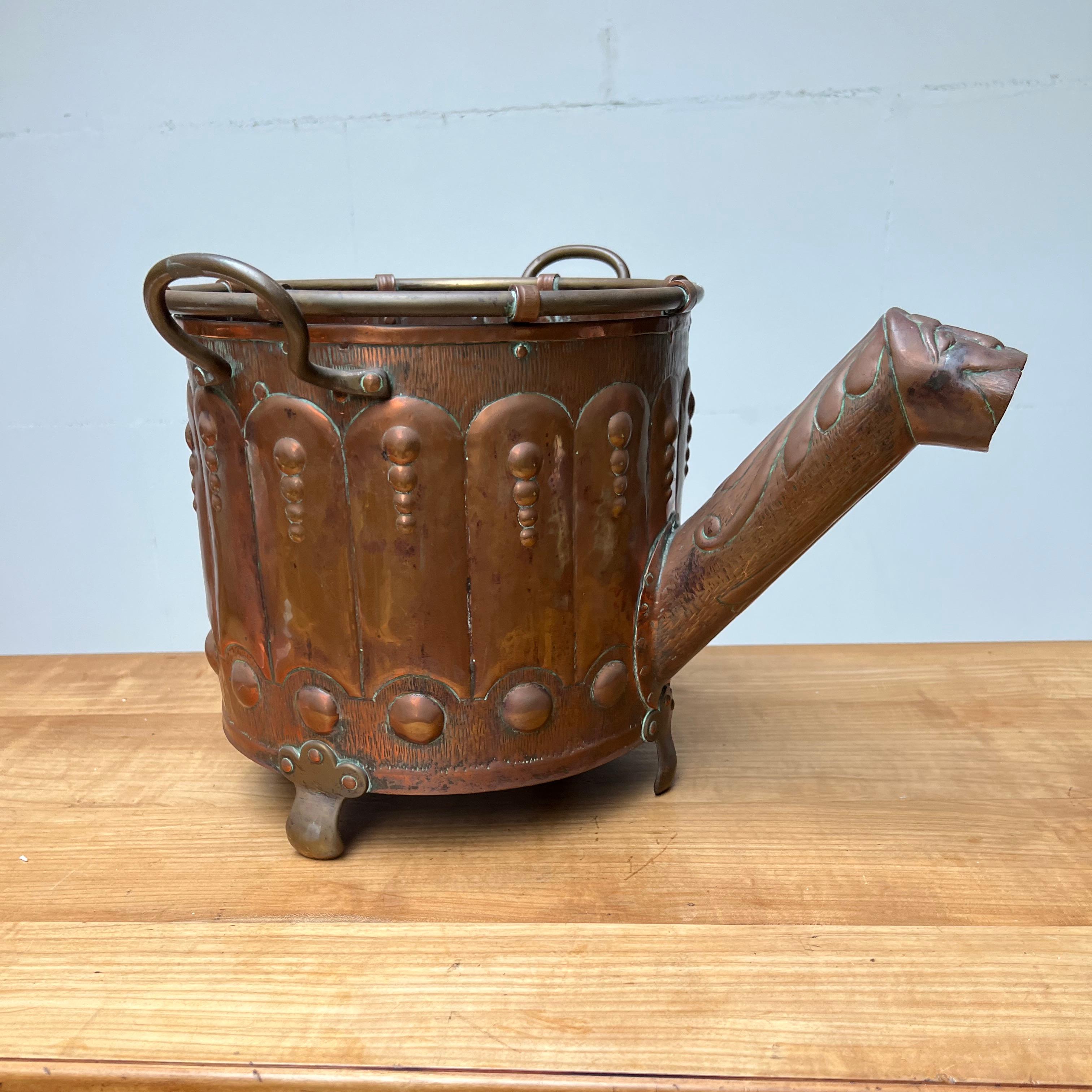 Special Arts & Crafts Brass / Copper Bucket w. Rare Watering Can Spout & Handles For Sale 7