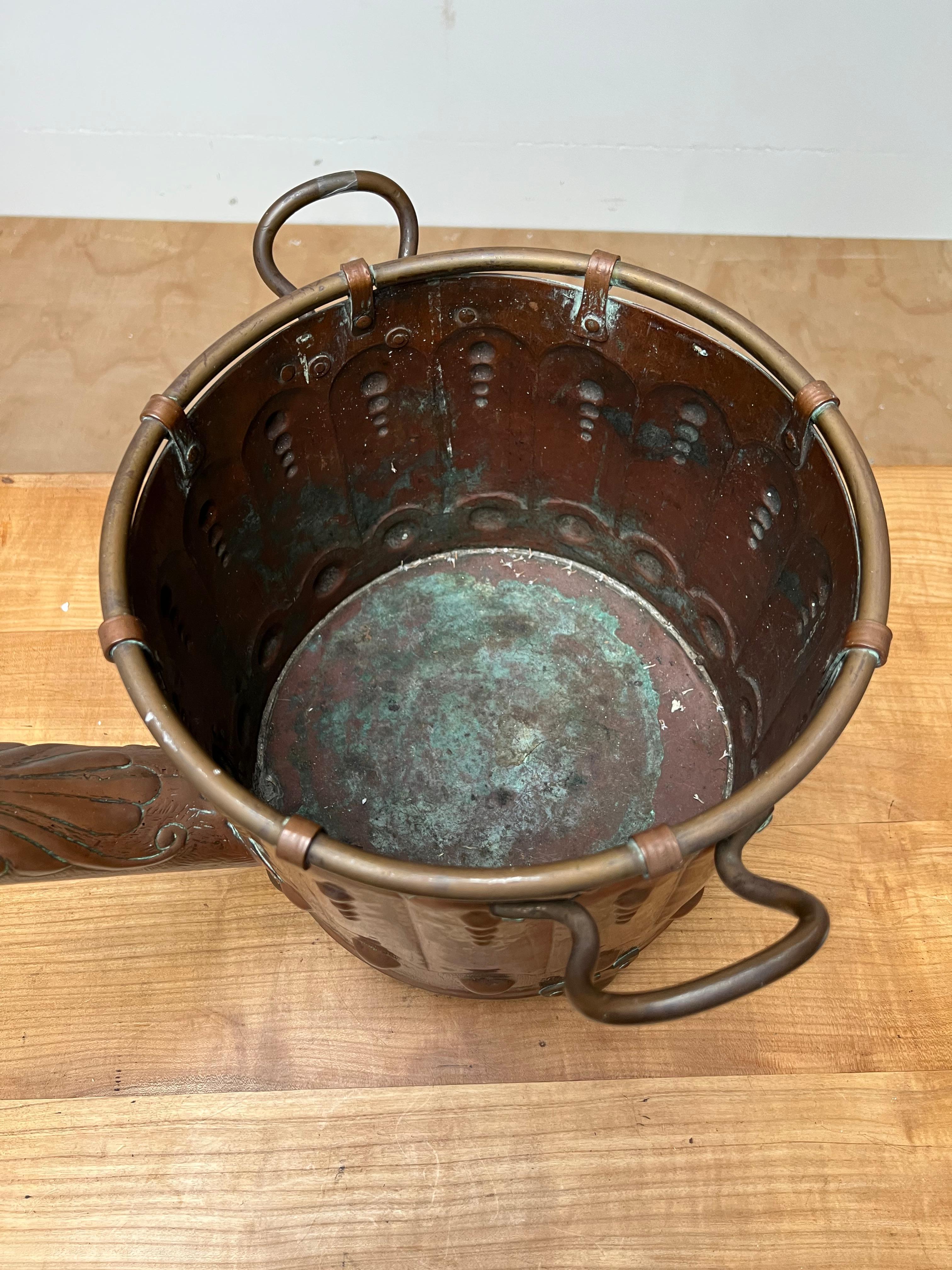 Special Arts & Crafts Brass / Copper Bucket w. Rare Watering Can Spout & Handles For Sale 11