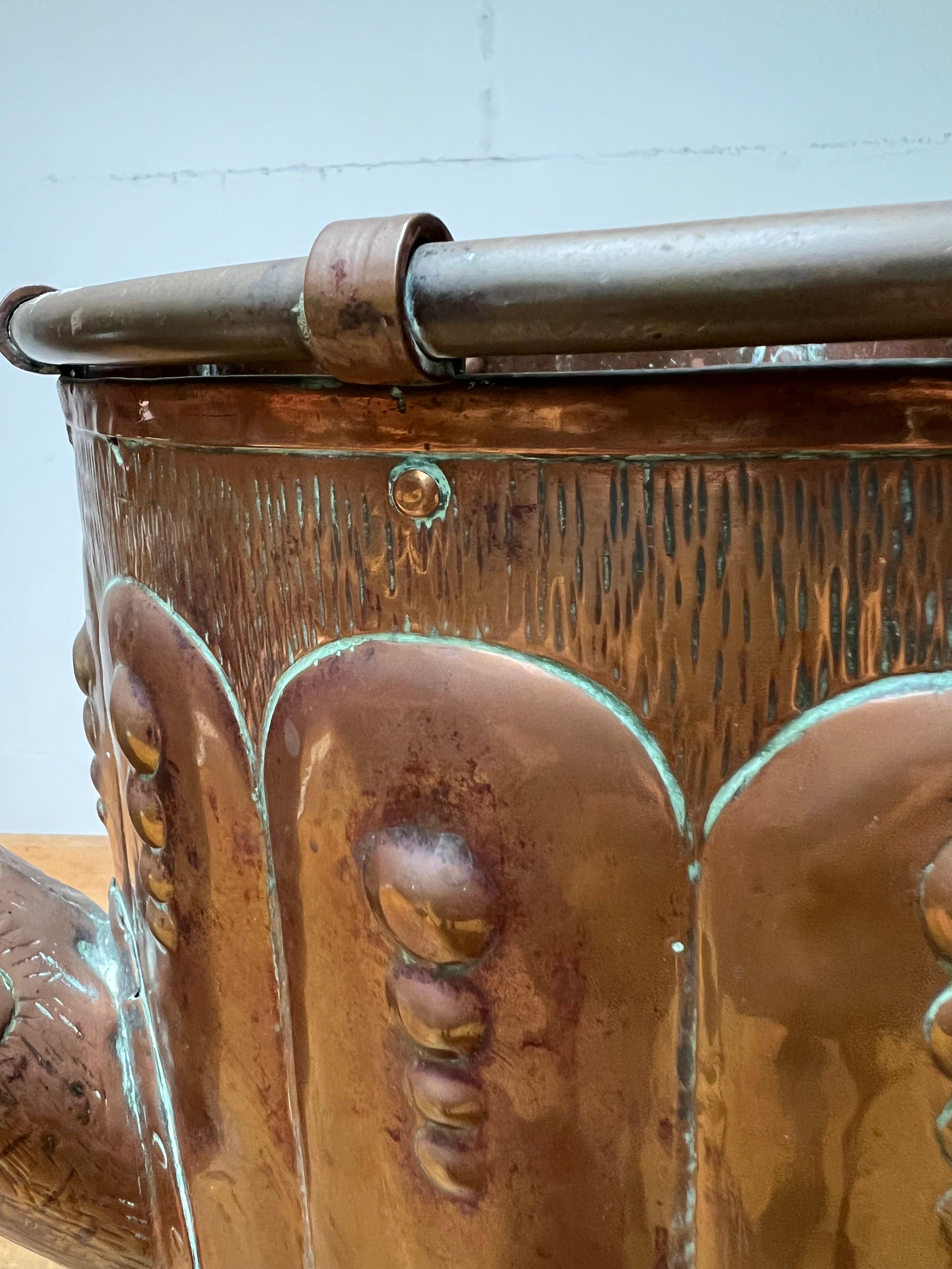 Special Arts & Crafts Brass / Copper Bucket w. Rare Watering Can Spout & Handles For Sale 13