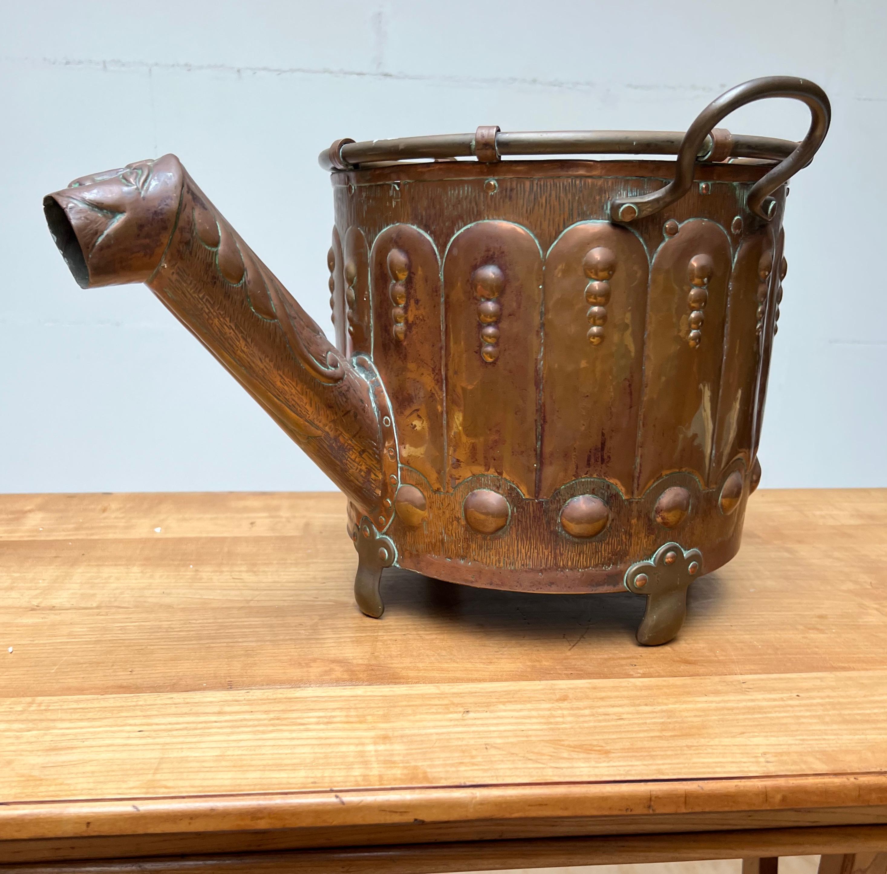 Embossed Special Arts & Crafts Brass / Copper Bucket w. Rare Watering Can Spout & Handles For Sale