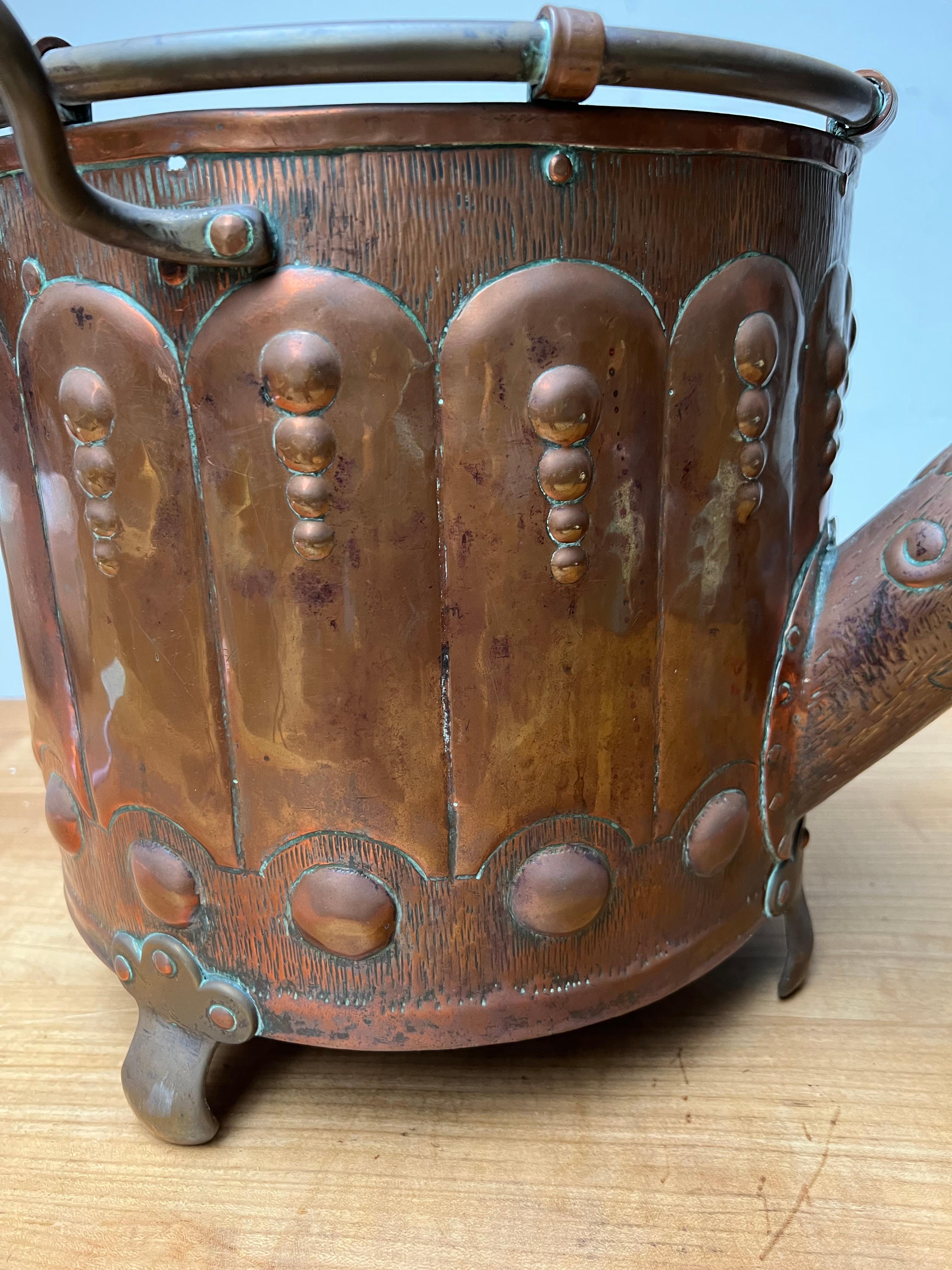 Special Arts & Crafts Brass / Copper Bucket w. Rare Watering Can Spout & Handles For Sale 2