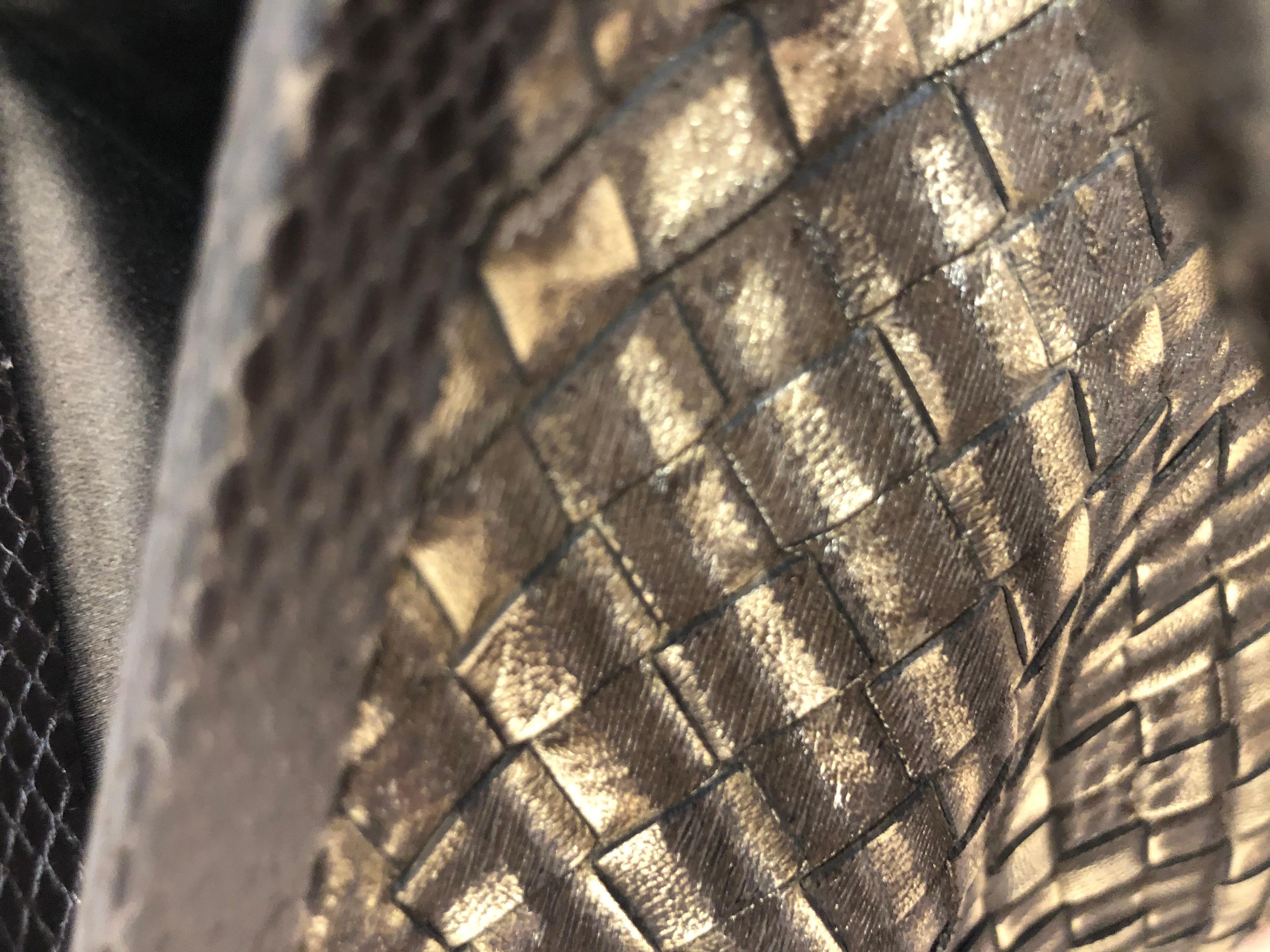 Black Special Bottega Veneta Metallic Weaved Leather and Snakeskin Fold Over Clutch For Sale