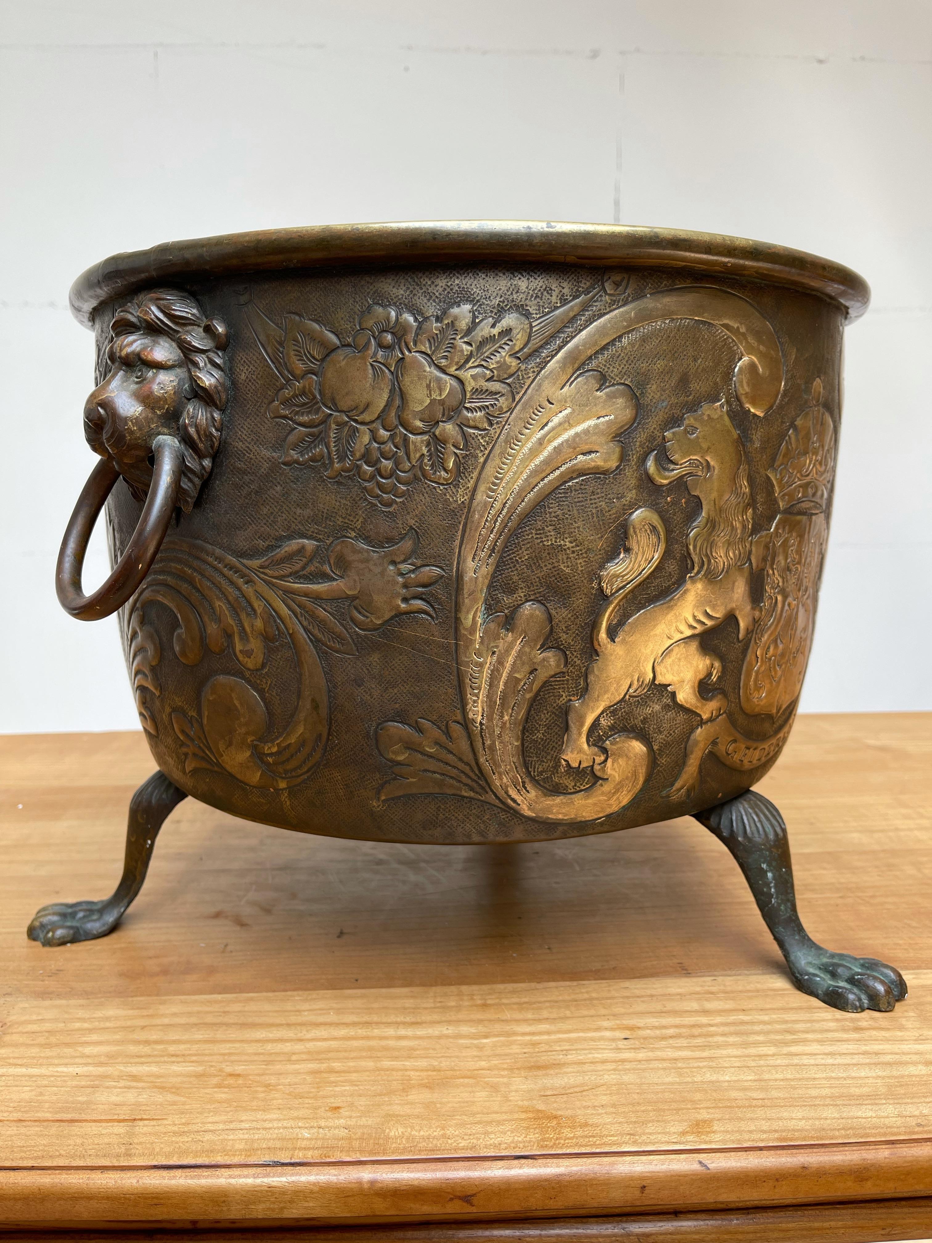 Special Brass & Bronze Log Bin / Firewood Bucket or Basket w. Lion Head Handles 5