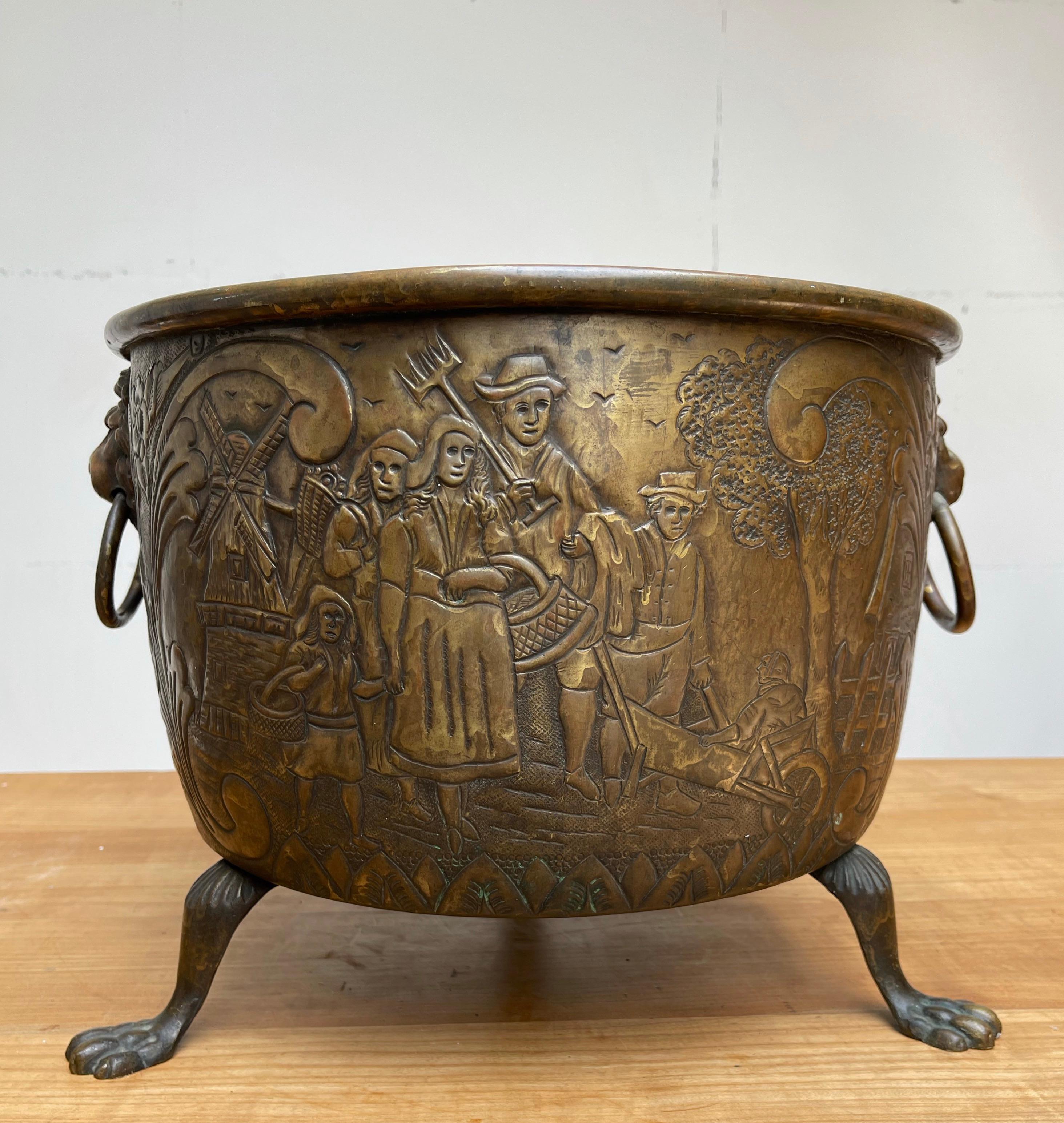 Special Brass & Bronze Log Bin / Firewood Bucket or Basket w. Lion Head Handles 7