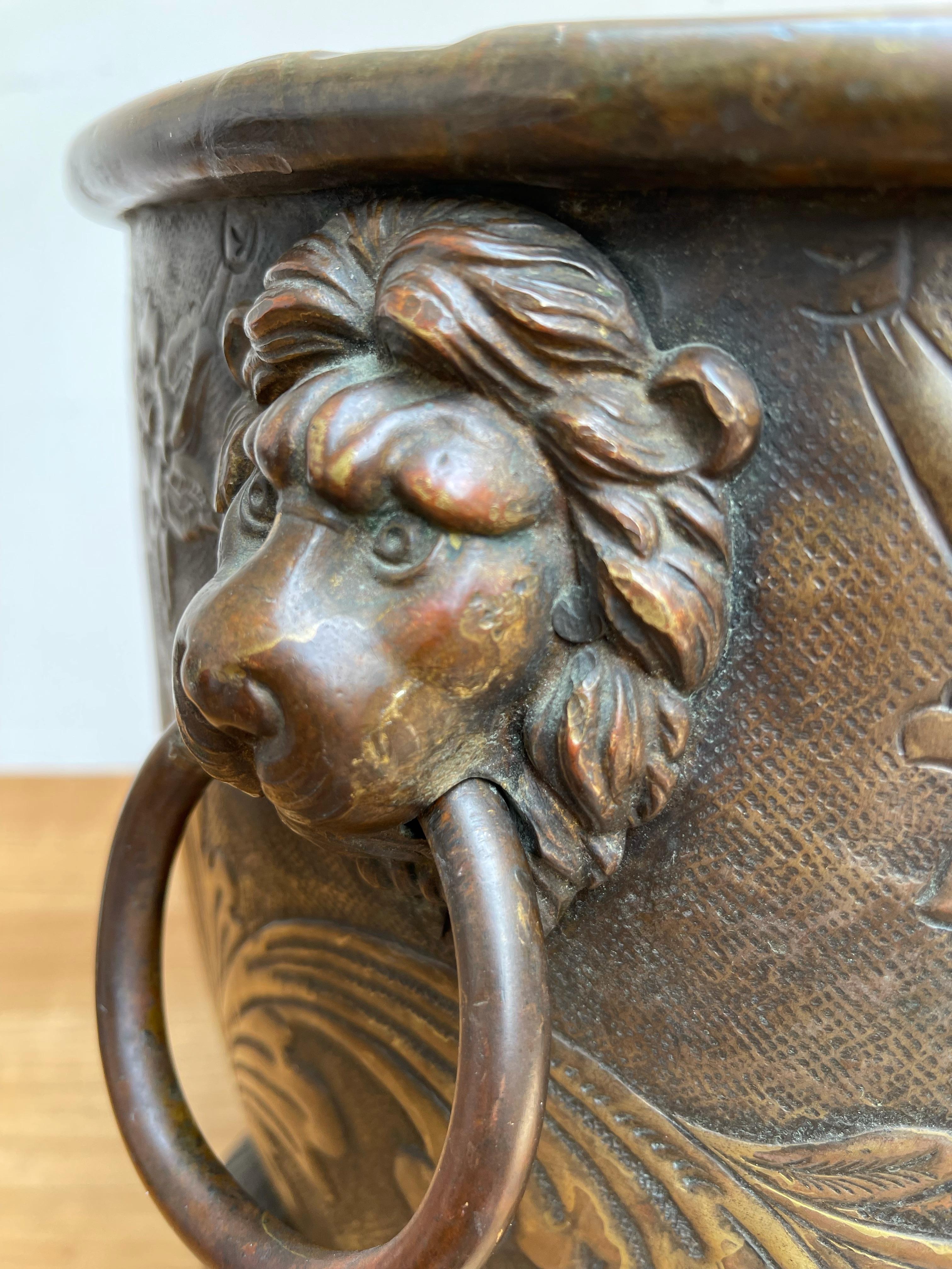 Special Brass & Bronze Log Bin / Firewood Bucket or Basket w. Lion Head Handles 13